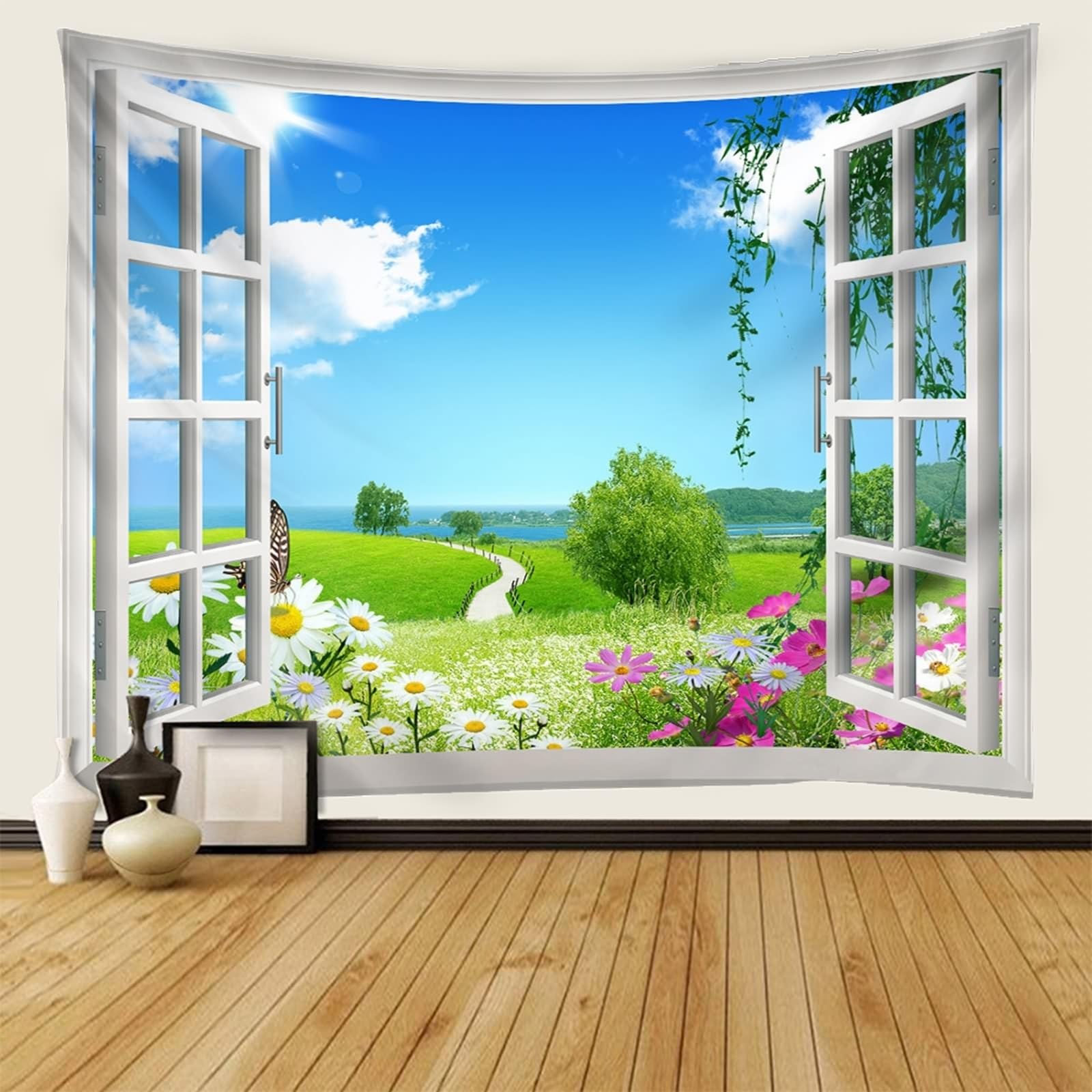 Wycian - Tapicería de pared, papel pintado, color verde liso, papel pintado, diseño panorámico, color blanco, azul, ventana, paisaje natural, 350 x 256 cm