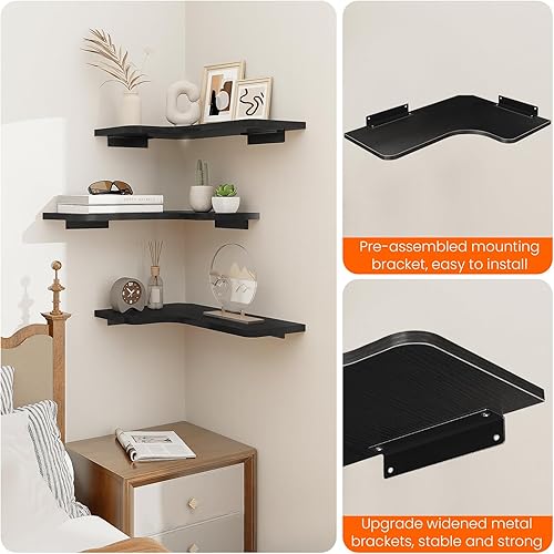 Miniatura 5 de Homode Estantes esquineros montados en la pared, juego de 3 estantes de esquina flotantes con agujero para cable, estante de exhibición colgante de