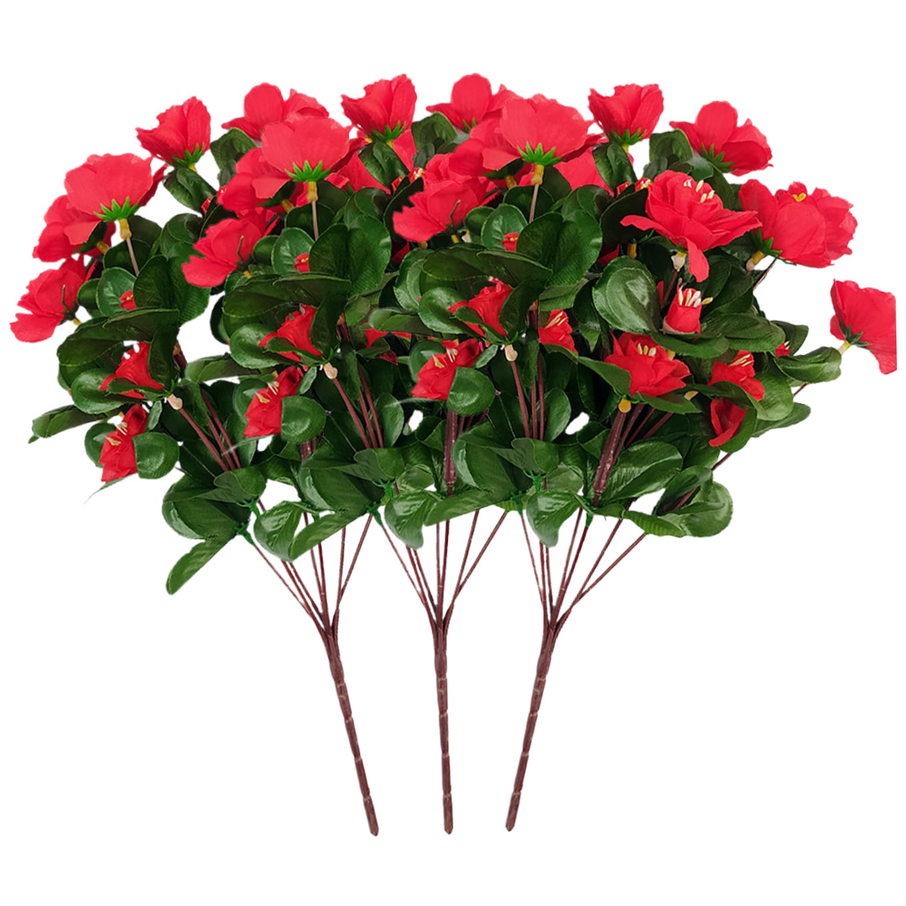 Flores artificiales para exteriores rojas, set de 3 plantas de seda para centro de mesa de jardín