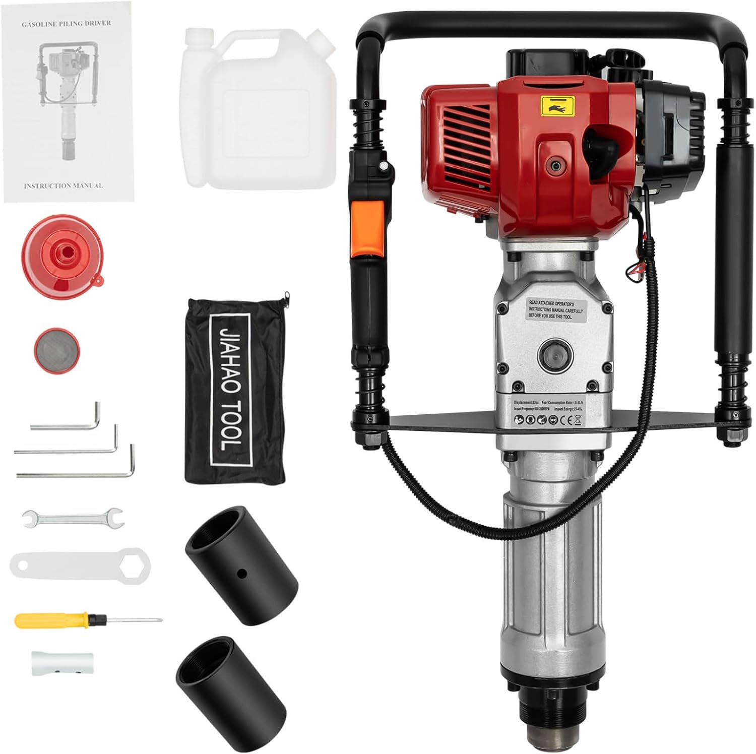 T Post Driver, 52cc 1900W 6500RPM Gas Powered, Air Cooled Fence Post Driver for Garden and Farming, with 2 Driving-heads