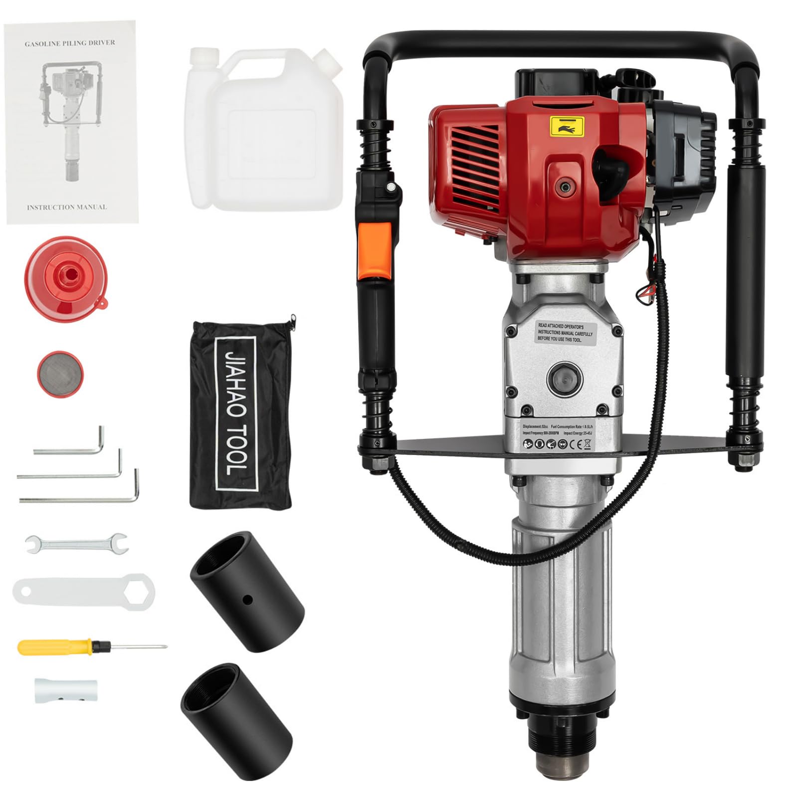 BJTDLLX T Post Driver, 52cc 1900W 6500RPM Gas Powered, Air Cooled Fence Post Driver for Garden and Farming, with 2 Driving-heads