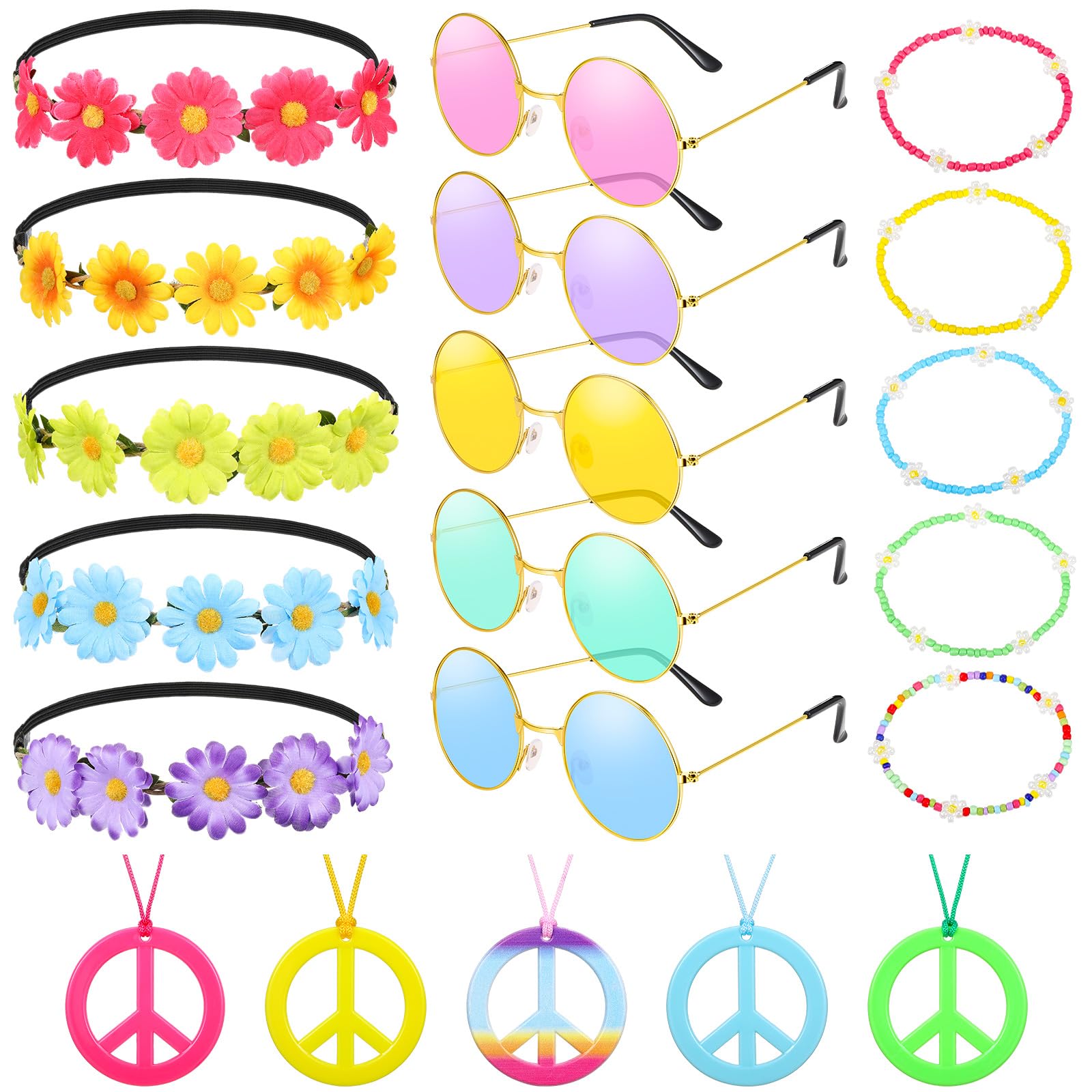Xinnun 20 Pieces Hippie Costume Accessories Set, 60s 70s Accessories Women Flower Crown Headband Hippie Sunglasses Beaded Bracelet Peace Sign Necklace for Festival Disco Retro Theme Party Supplies
