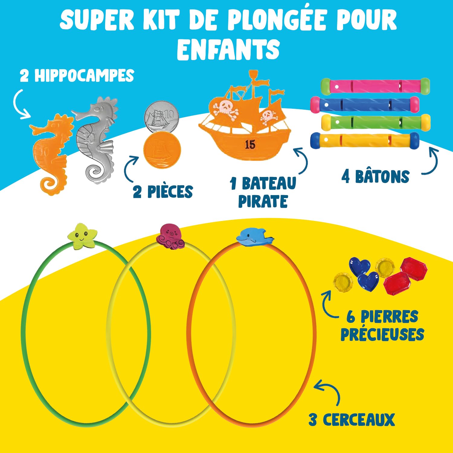 OceanHunt Jouets de Plongée sous-Marine | Kit Complet Jeu Piscine pour Enfant | Chasse au Trésor Pirate, Cerceaux | Jeux Eveil Exterieur Enfants | Jouet Aquatique | OriginalCorner