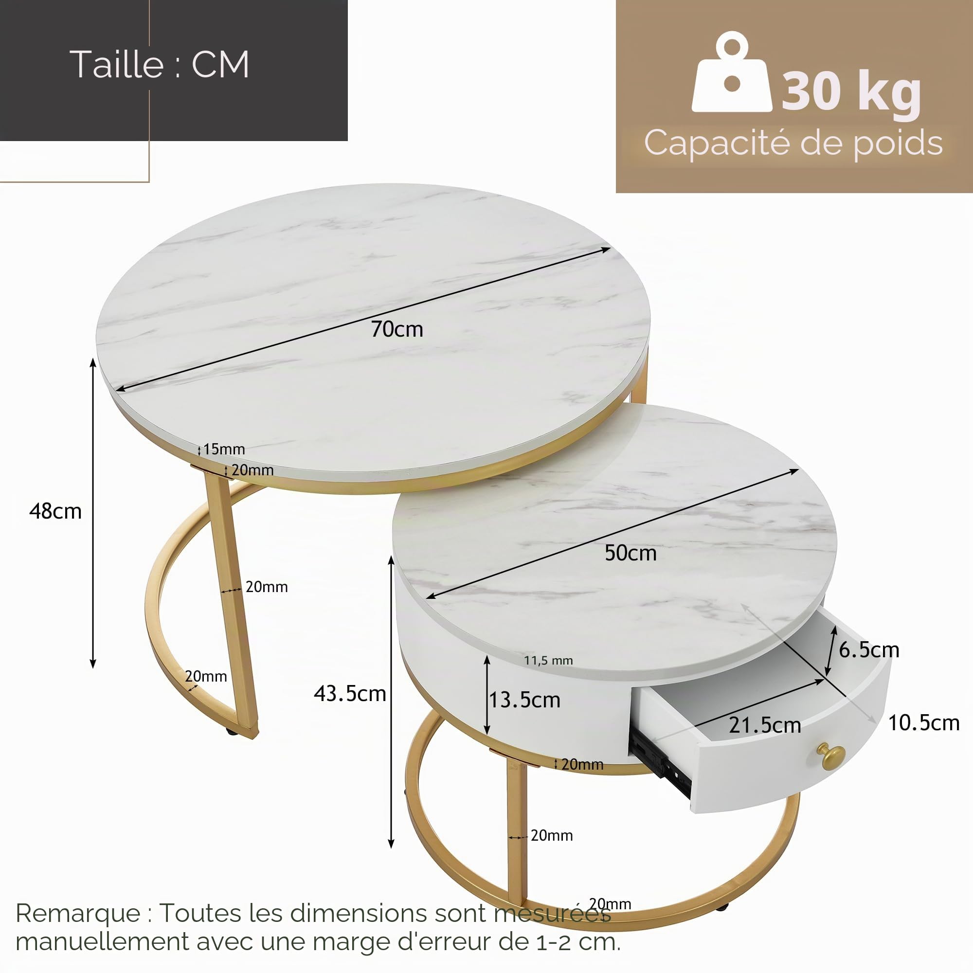 Merax Lot de 2 tables basses rondes, table d'appoint moderne pour salon avec tiroir, piétement en métal doré, motif marbre, tables de canapé pour chambre, balcon, bureau, Blanc
