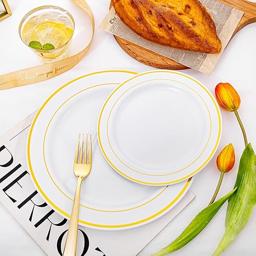 Vista 38 de I00000 - Juego de vajilla dorada de 700 piezas, 200 platos de plástico dorados, juego de 300 cubiertos desechables dorados, 100 vasos, 100 Oro,Claro