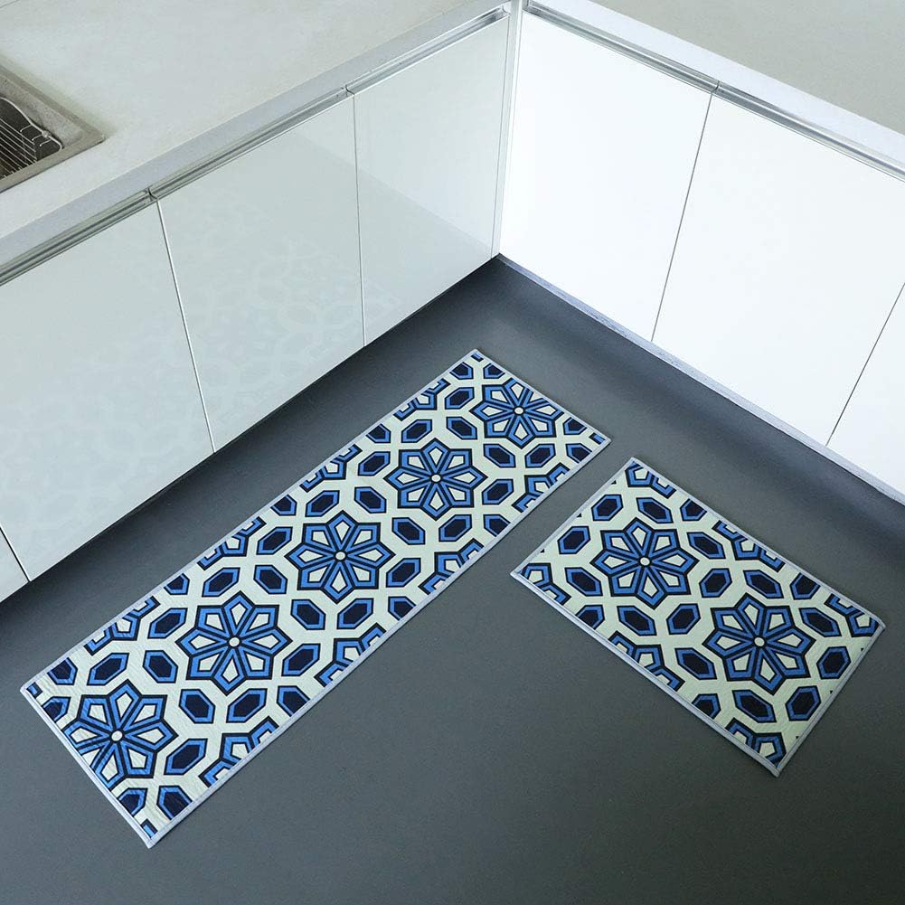 Non-Slip Kitchen Mat Runner Area Rug Doormat Set, 2 Pieces(15"x47"+15"x23") (Blue Space)