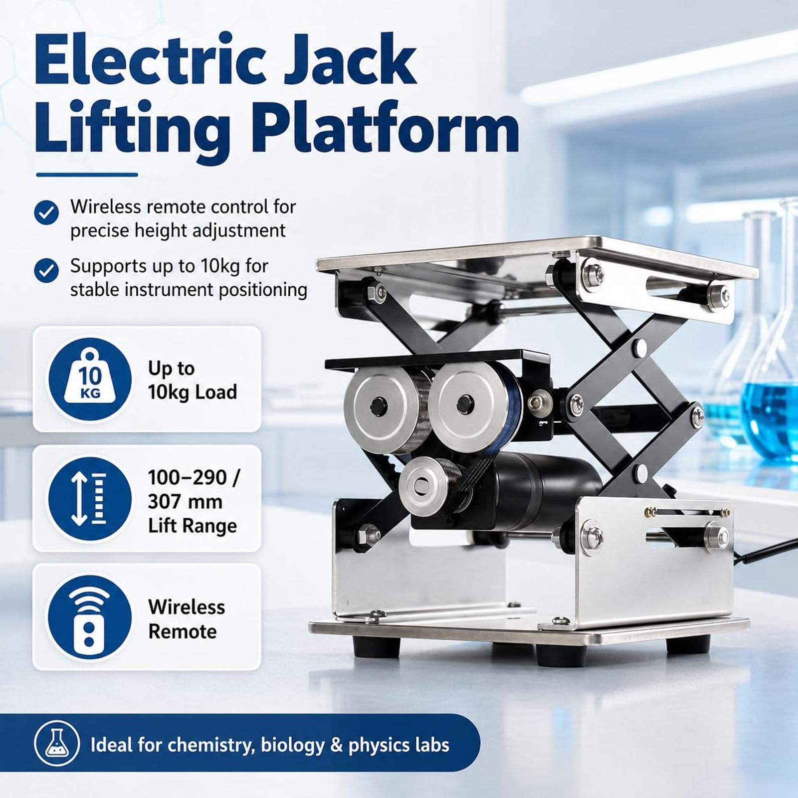Plataforma elevadora con gato de tijera eléctrico, plataforma elevadora de acero inoxidable, capacidad de carga de 10 kg, altura ajustable, soporte elevador de mesa de laboratorio para labo 200*200mm