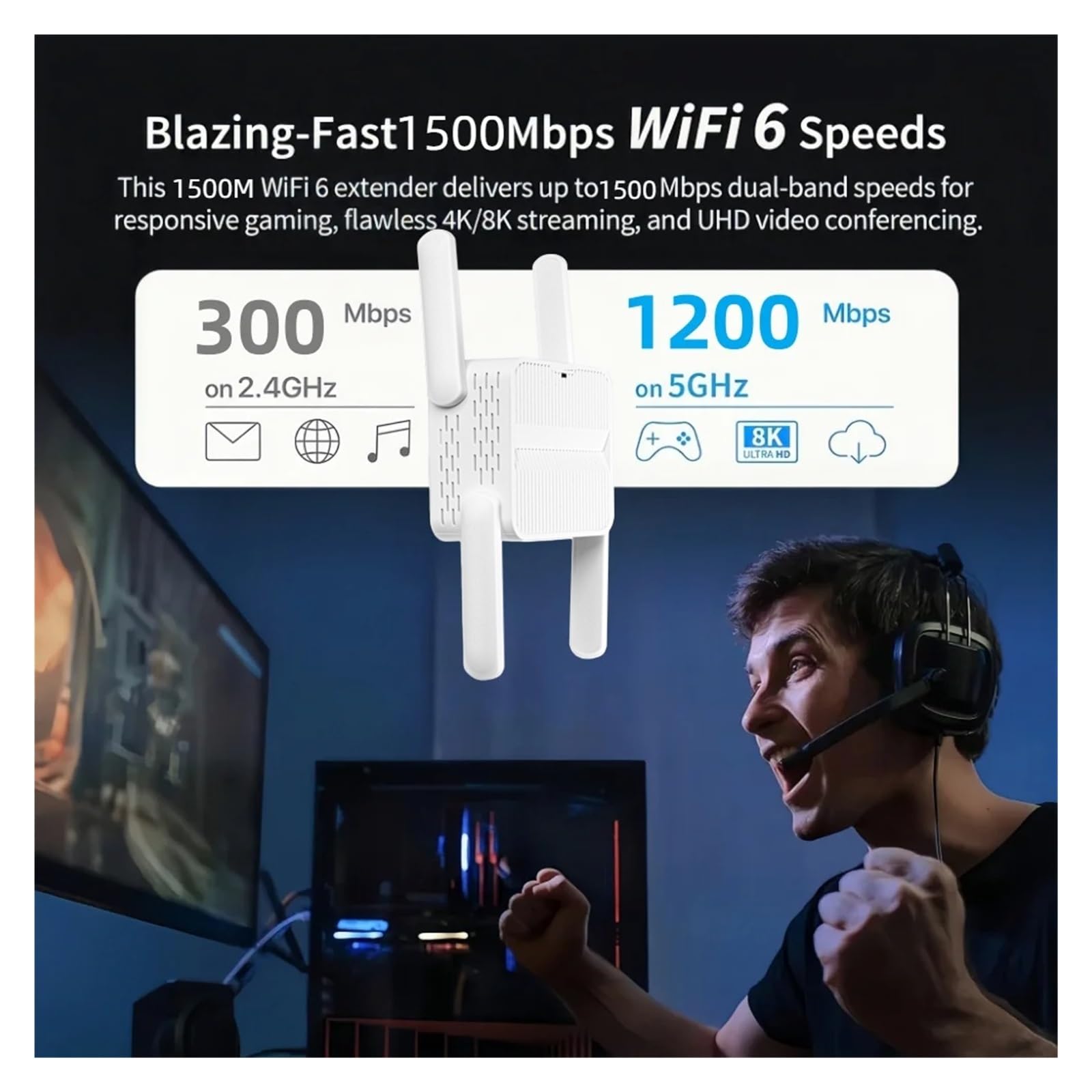 Wzmacniacz Sygnału WiFi AX1500 5Ghz 6 Repeater Extender Dual Band 2.4G/5GHz Wi-Fi Sieć Dalekiego Zasięgu Łatwa Konfiguracja Szerszy zasięg