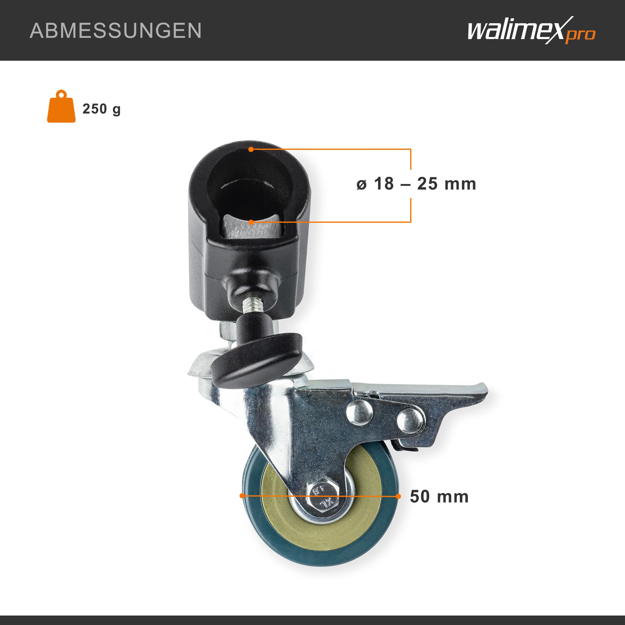 Walimex pro Stativrollen Pro 3er-Set - Stativrollen Lenkrollen Set - Vollmetall, Ø 50 mm - Gummi Lauffläche und Bremse - für Stativbeine Ø 18-23mm - für Licht Lampen und Videostativ, Schwarz