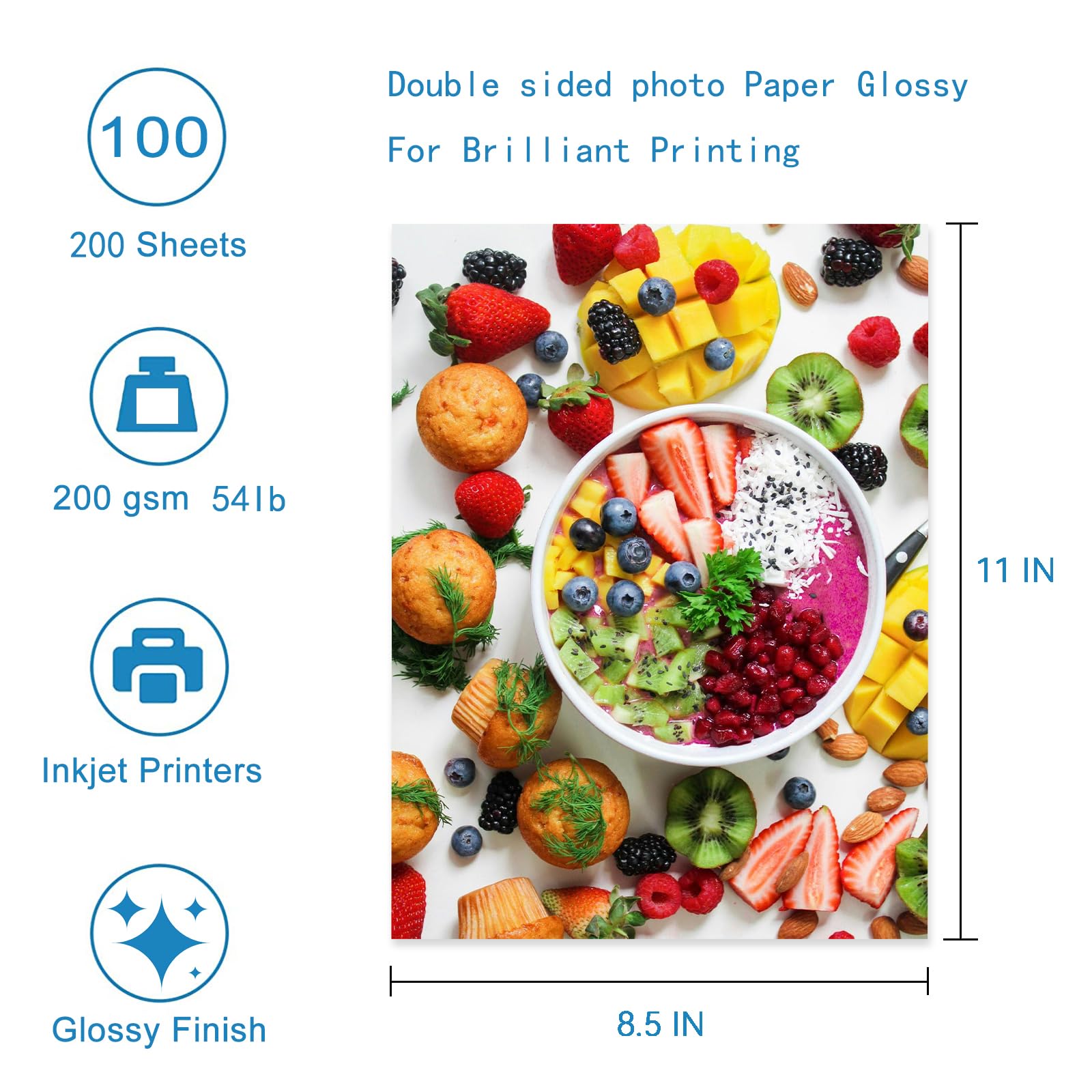 200 arkuszy dwustronnego papieru fotograficznego, błyszczący, 8,5 x 11, 24,5 kg, do atramentu barwnikowego, wartość 200 g/m², opakowanie zbiorcze, obraz 8,5 x 11, 9,5 ml do drukarki