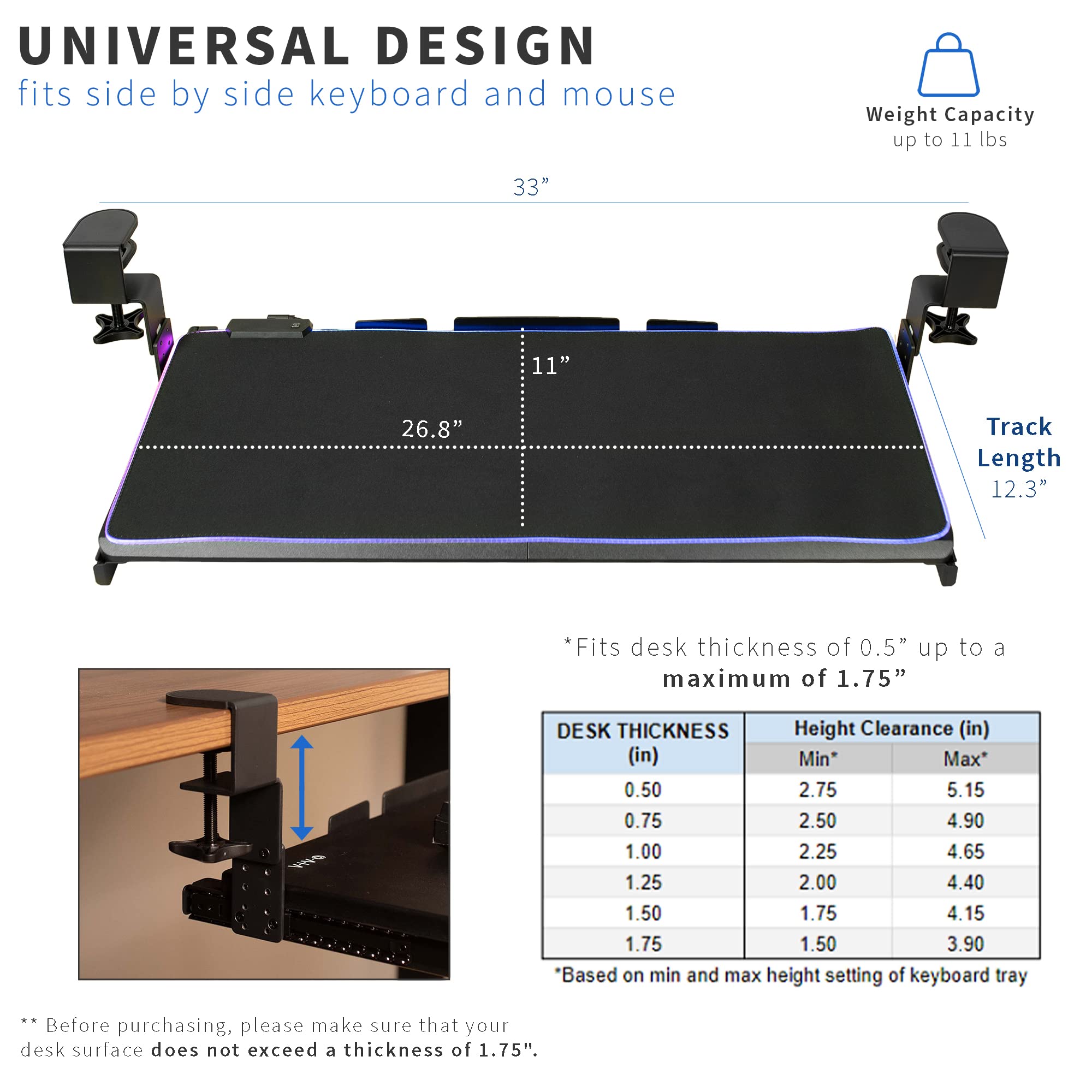 VIVO Mount-KB05GP - Bandeja para teclado de gran altura ajustable debajo del escritorio con luz LED RGB, soporte de abrazadera en C, 27 (33 abrazaderas incluidas) x 11 pulgadas con plataforma