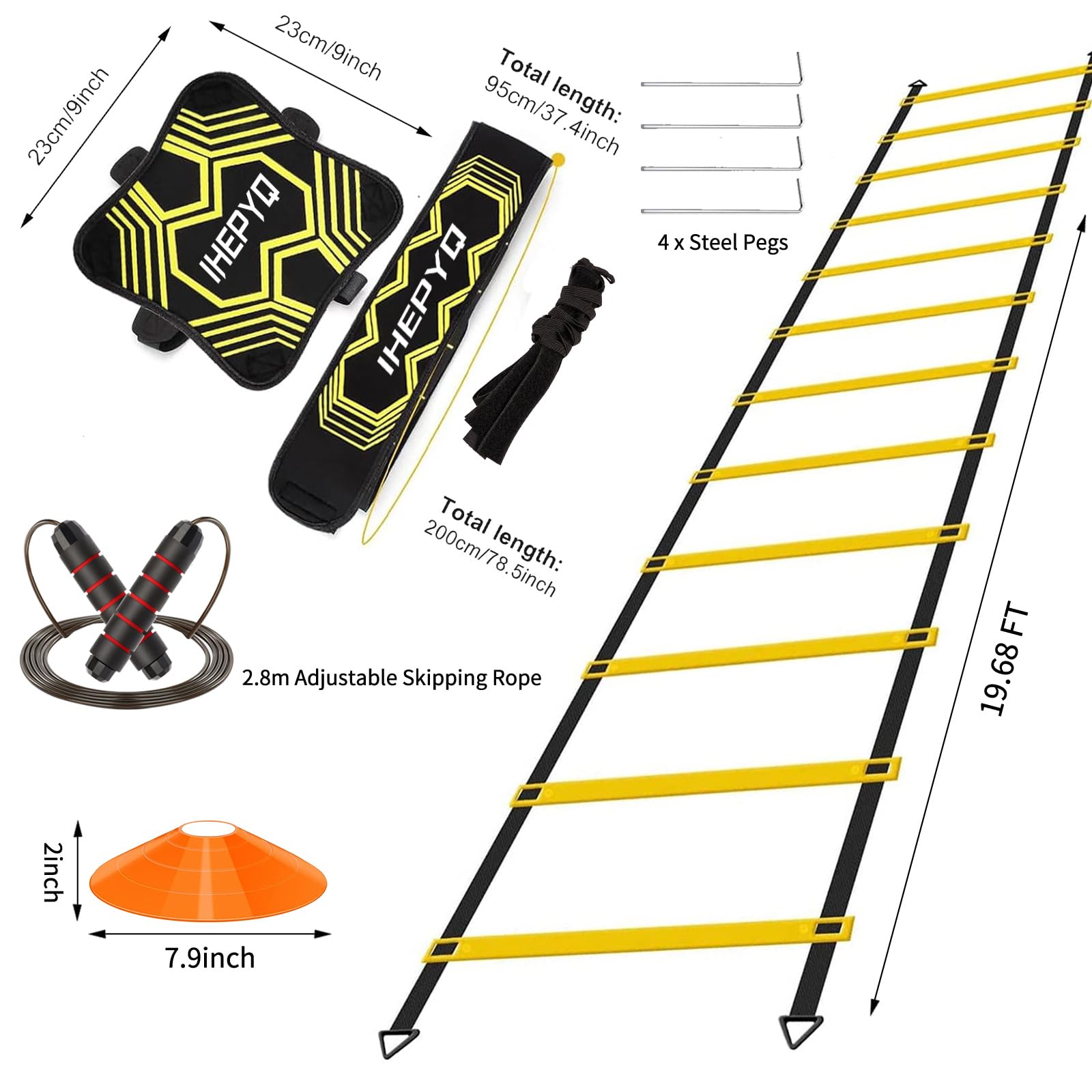 IHEPYQ Soccer Agility Training Equipment Set, 12 Rung 20Ft Agility Ladder, 12 Disc Cones, 4 Steel Stakes, Solo Soccer Trainer, Jump Rope - Speed Training Equipment for Soccer Football Basketball