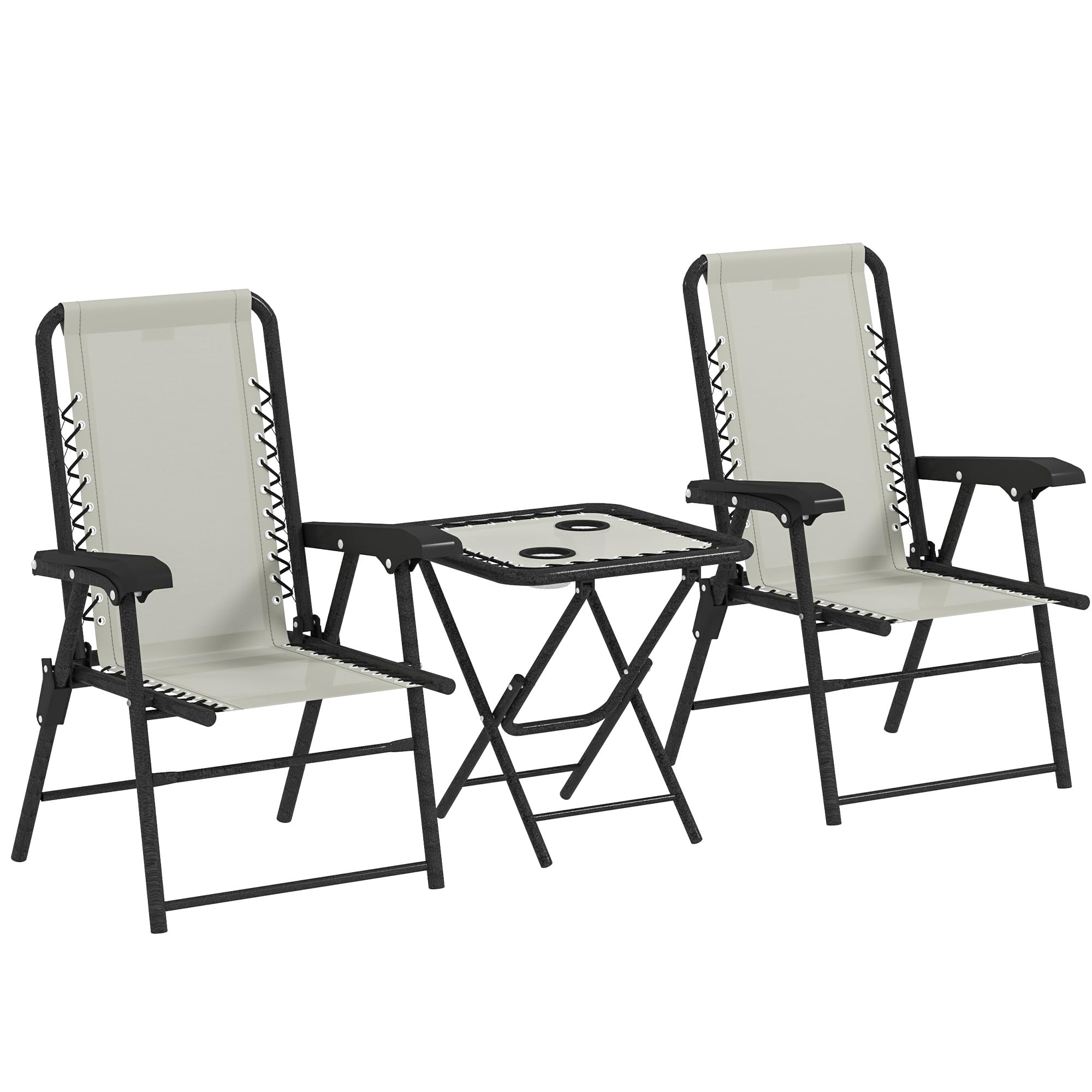 Outsunny Conjunto de Mesa y Sillas de Terraza Exterior de 3 Piezas Muebles de Jardín Exterior Plegables con Estructura de Acero y Portavasos para Patio Crema