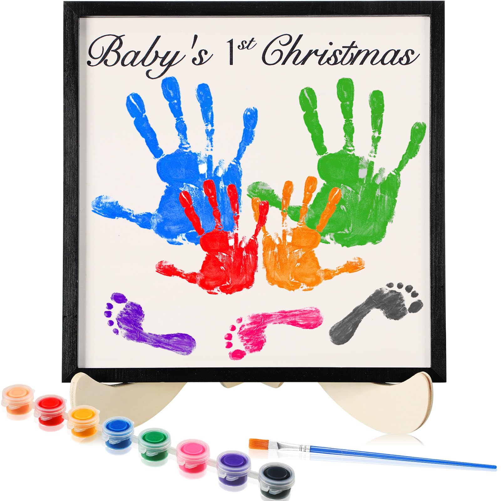 Photo 1 of Family Handprint Photo Frame Baby's 1st Christmas DIY Handmade Keepsake Wooden Frame with Paints and Pens Christmas Birthday Gifts for Newborn New Parents Family Gifts