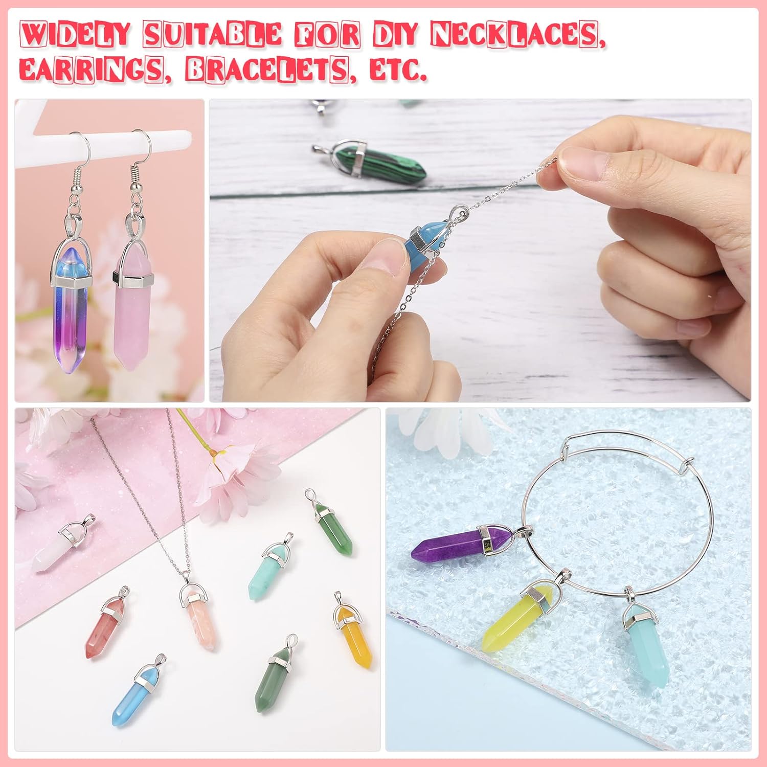 Jexine 130 Pcs Crystal Pendants Bulk Hexagonal Natural Gemstone Pendants Necklace Chakra Quartz Bullet Shape with Storage Bag for DIY Jewelry Making(Vivid Color)
