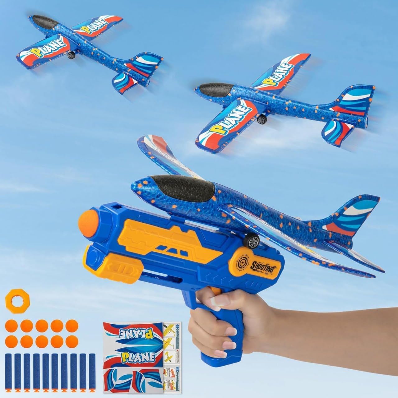 AMARIYA 3 in 1 Plane Launcher Toy for Kids Foam Airplane Launcher Gun with 2 Glider Planes Foam Darts Soft Ball Shooter Outdoor Flying Toy Gift for Boys Girls Ages 4 Years and Above Set-image-24