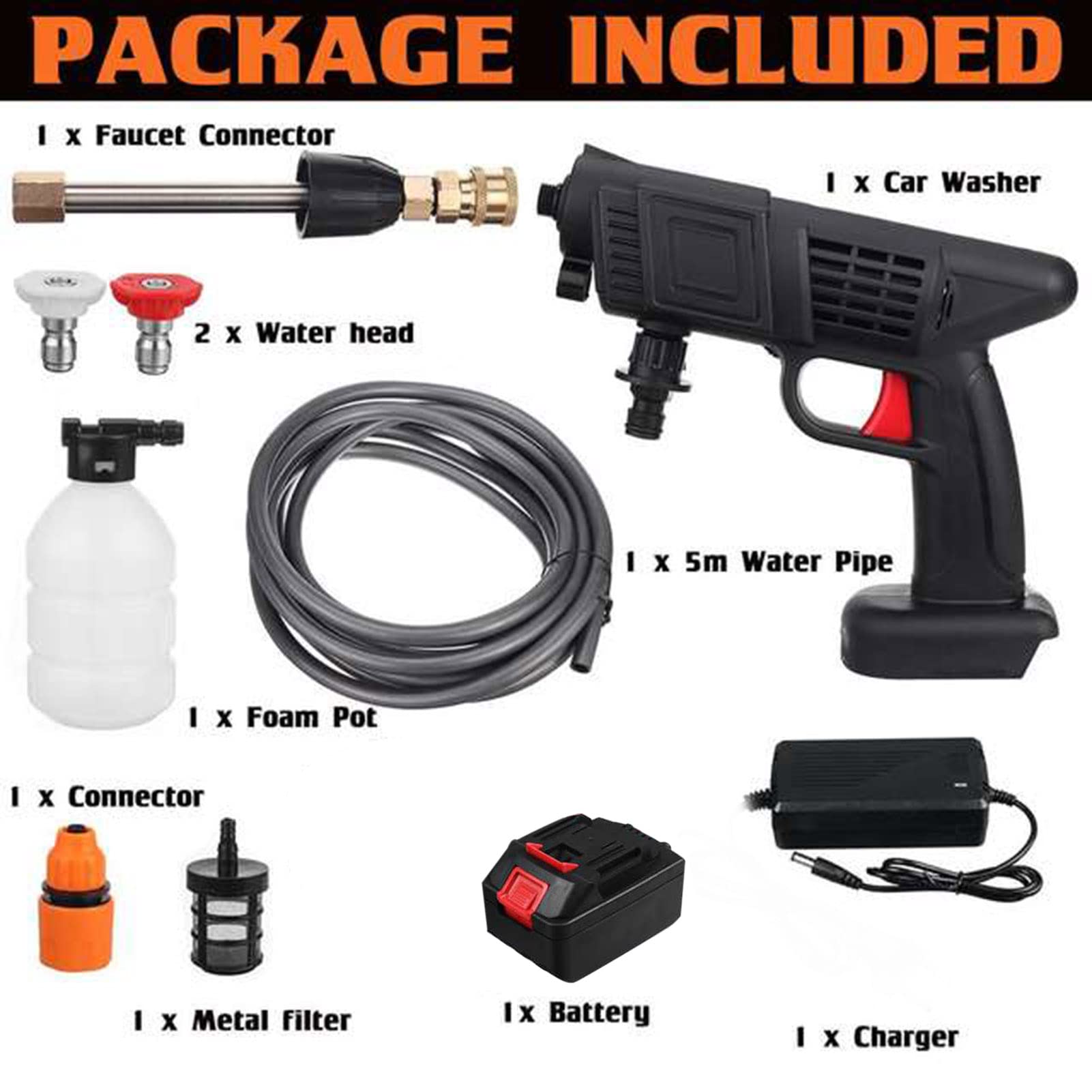 Shkalacar Lavadora a Presión Inalámbrica, Pistola de Riego 50 PSI con una batería y Cargador 24V 1500mAh Batería Recargable Lavadora a presión eléctrica para Lavar Autos, regar Flores, Limpiar Pisos
