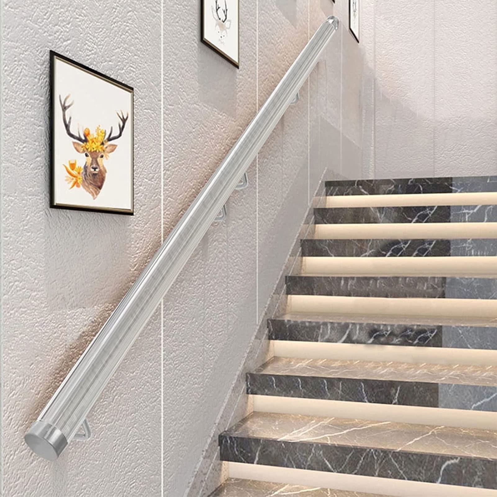 Clear Acrylic Stair Railing Handrail Bannister Kit, Transparent Pipe Outdoor Indoor Non-Slip Staircase Hand Rails/Round Wall Support Grab Bars for Home Garden Corridor Lofts Lderly or Disables Use (C