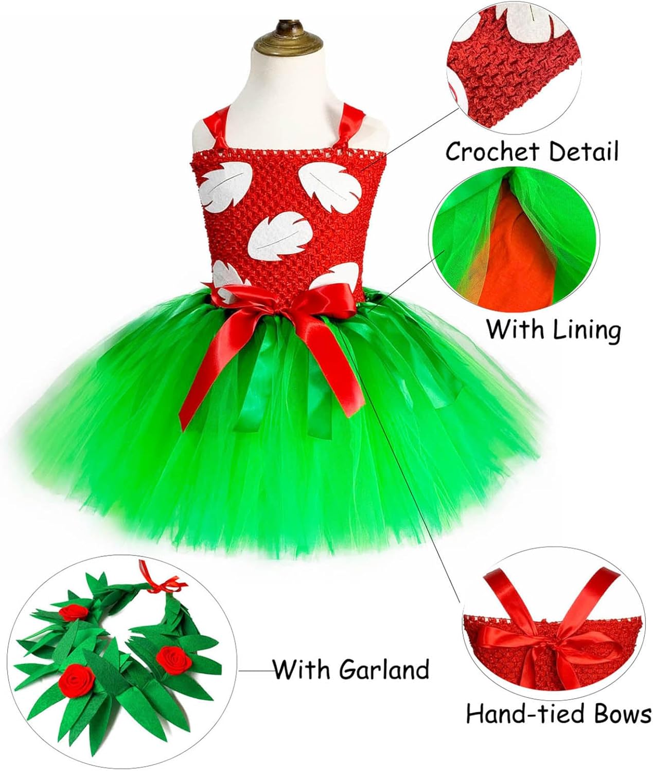 O'COCOLOUR Summer Hawaiian Tutu Dress for Girls 1-10Y with Tropical Fern Leaf Headband Birthday Party Gifts