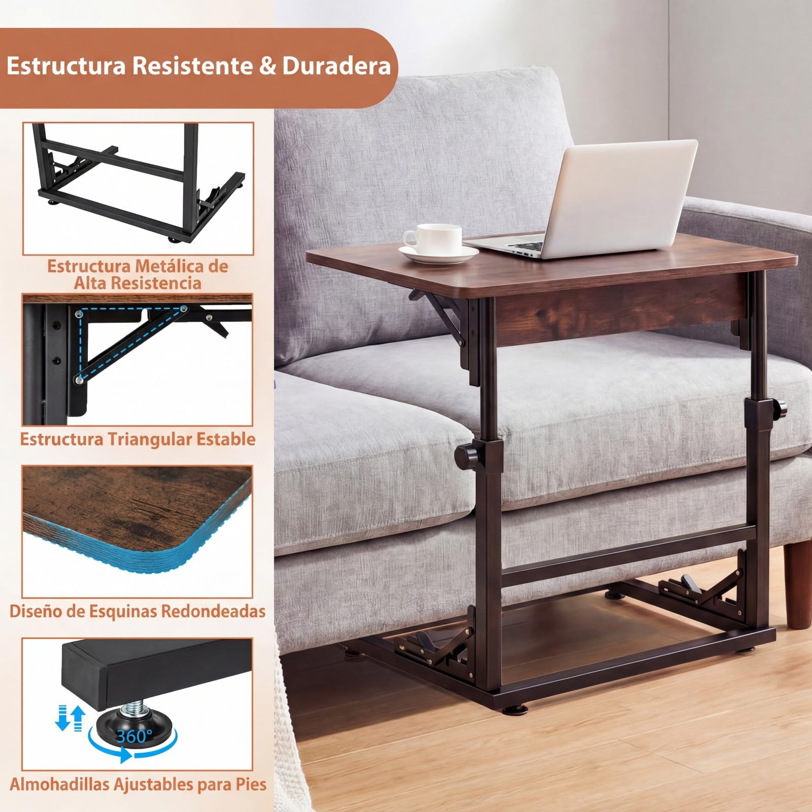 COSTWAY Mesa Auxiliar Plegable en Forma de C, Mesita Lateral para Sofá, Altura Ajustable y Estructura Metálica, Escritorio Industrial para Ordenador Portátil, Salón, Dormitorio, 59,5 x 39 x 51-66 cm
