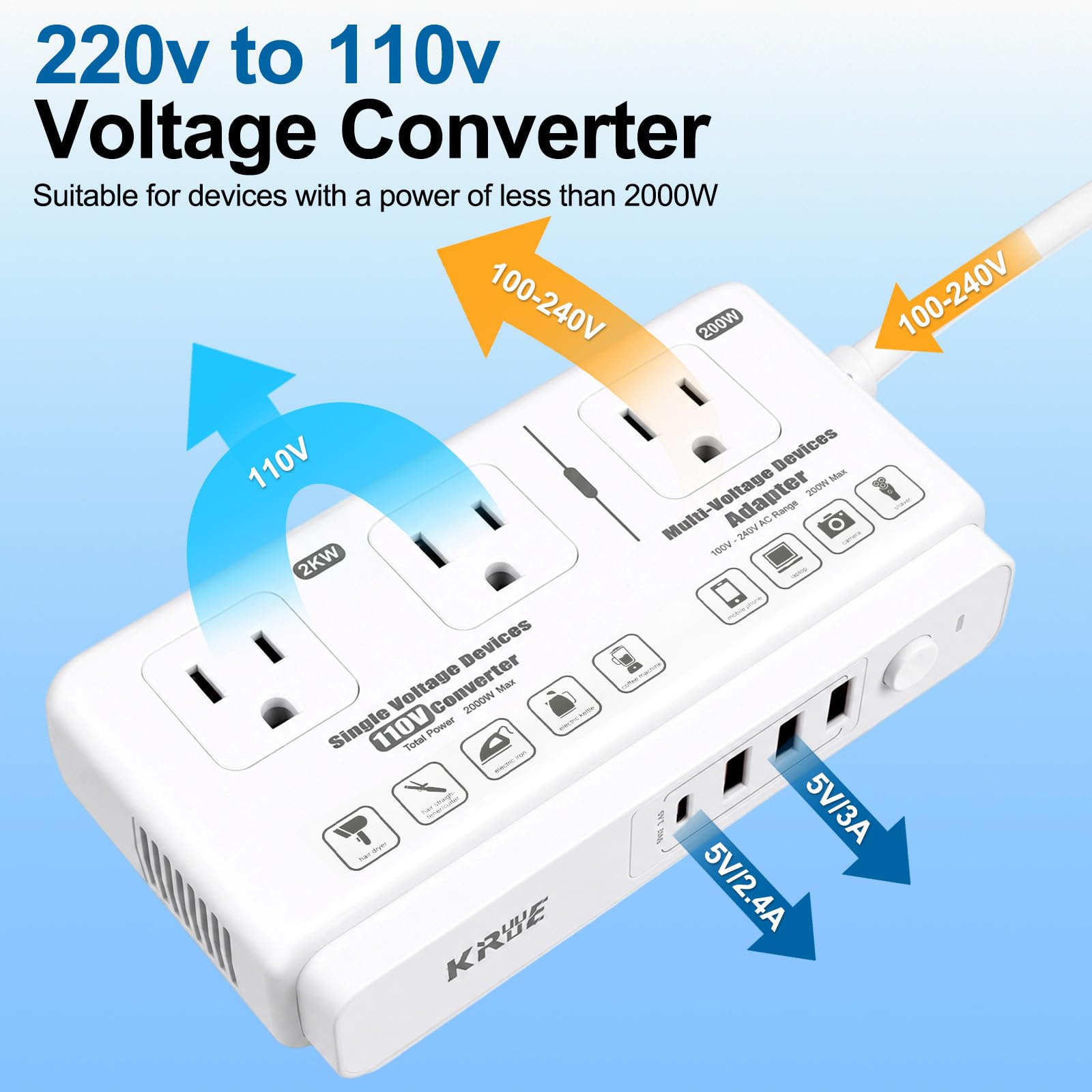 Transductor de voltaje de viaje de 220 V a 110 V: convertidor de voltaje universal internacional americano a Europa, transformador enchufable - convertidores de secador de pelo eléctrico 2000