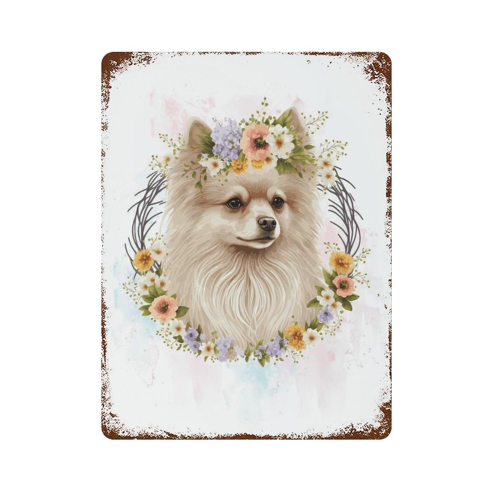 Pomeranian Pom Pom Dog Art 15.7"x11.8" Rust Effect Tin Sign, Decorative Metal Wall Art for Garage, Bar And Workshop Decor