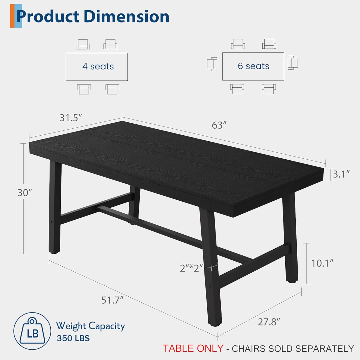garveehome industrial dining table for 4-6 people, 63" long large kitchen table with sturdy metal frame, rectangular counter for dinner, kitchen, dining room (black, 63" long) black 63" long