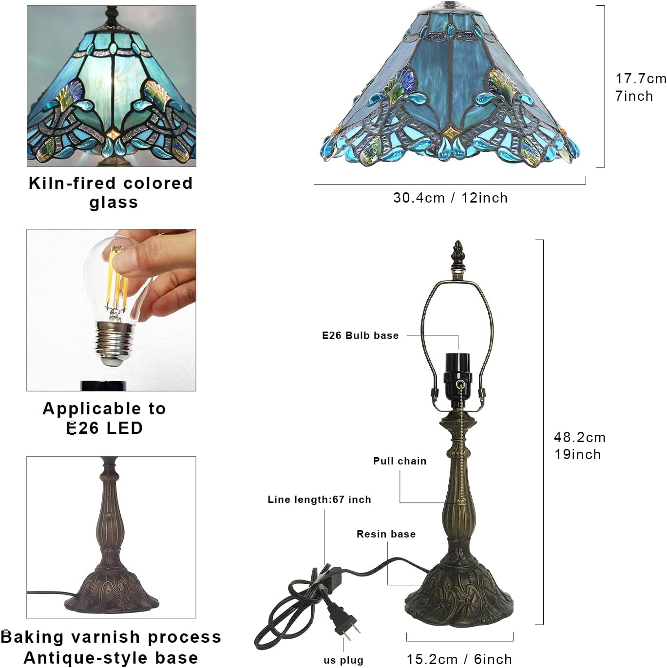 Tiffany Table Lamp,Blue Victorian lamp,12x12x19 Inche Stained Glass Lamp,Vintage Bedside Light.(Baroque)