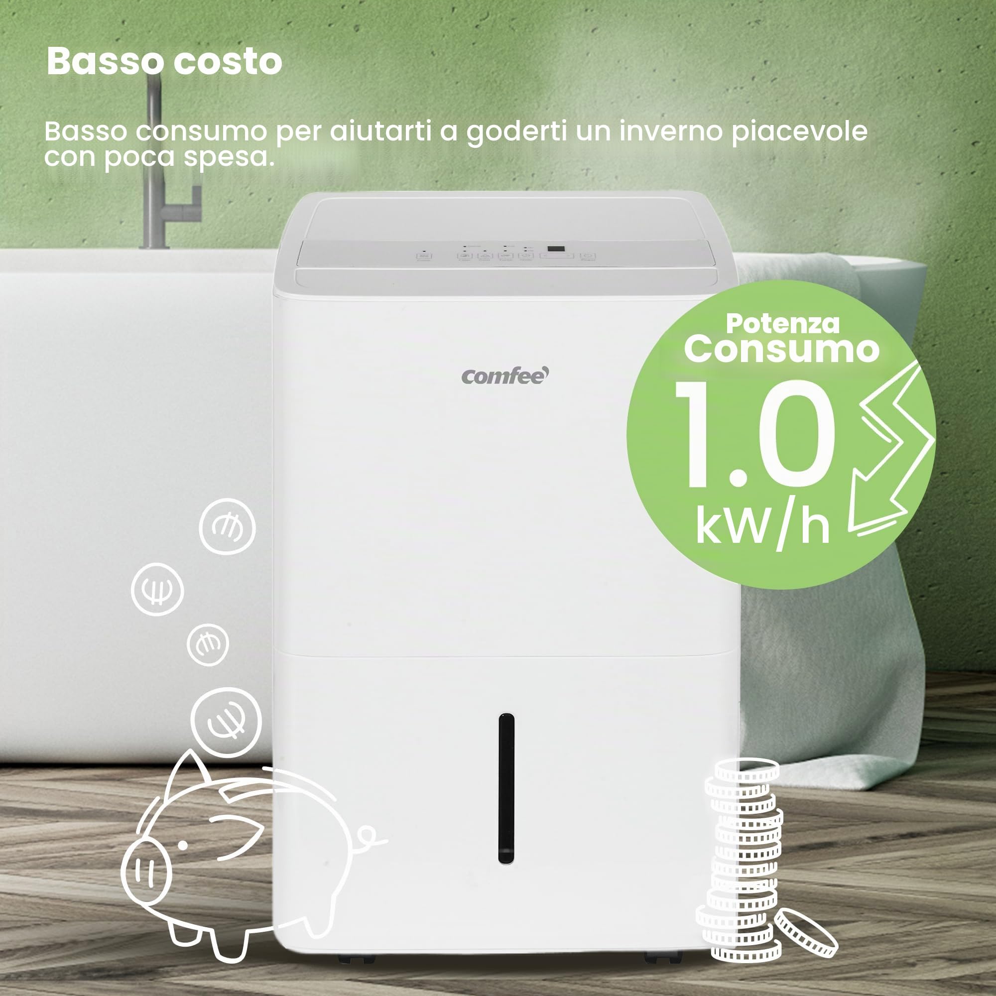COMFEE' Deumidificatore 50L/giorno, Deumidificatore casa muffa adatto fino a 116㎡, Tanica da 6L, Ruote Piroettanti, Modalità Asciugatuta, Ridotta Rumorosità, MDDPE-50DEN7