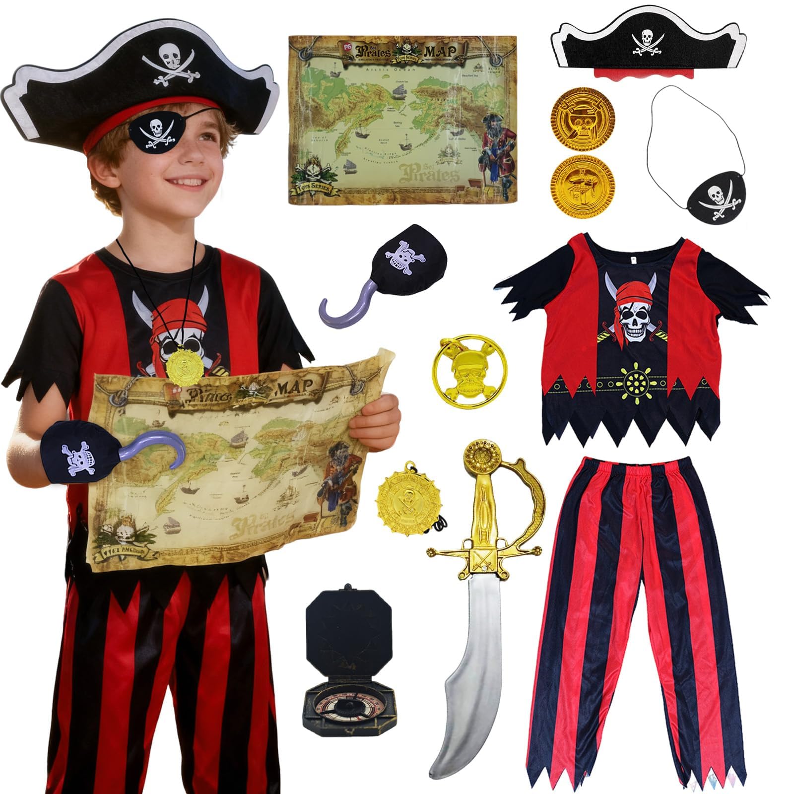 21PCS Kids Pirate Costume Set Boys Pirate Dress Up Kit with Accessories