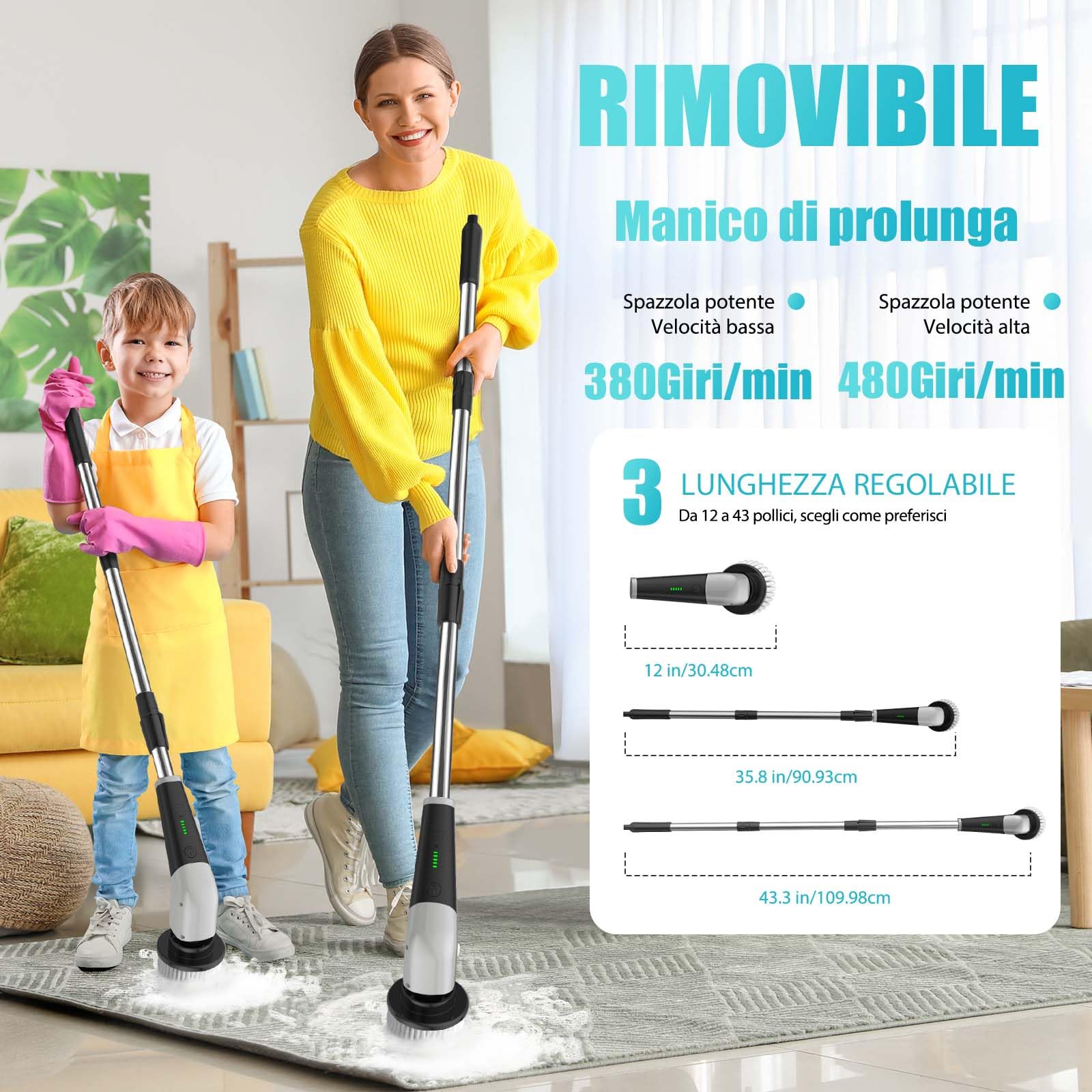 YKYI Spazzola Elettrica Rotante per Pulizia Casa – 8 Testine, Manico Regolabile, 2 Velocità – Spazzola Elettrica Pulizia Casa Bagno Cucina – Spazzola Rotante per Pulizie con USB-C