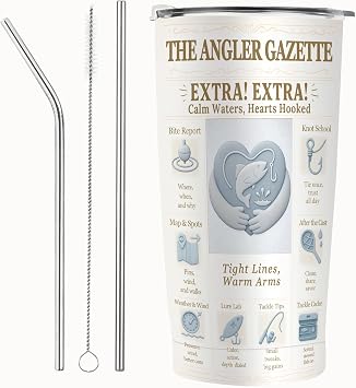 Fishing Gifts Fisherman Tumbler 20oz, Stainless Steel Vacuum Insulated Skinny Travel Mug Vintage Newspaper Angler Art, Embossed Fish & Hook Icons, Cup Holder Friendly, Fishing Gift for Men, Dad