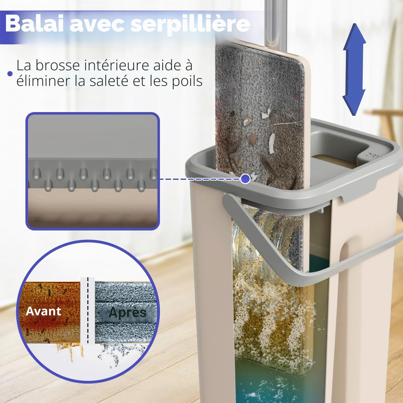 Balai serpillère avec seau plat rotatif à 360 ° avec 3 serpillères réutilisables 2 en 1, seau à serpentin mains libres pour nettoyer tous types de sols