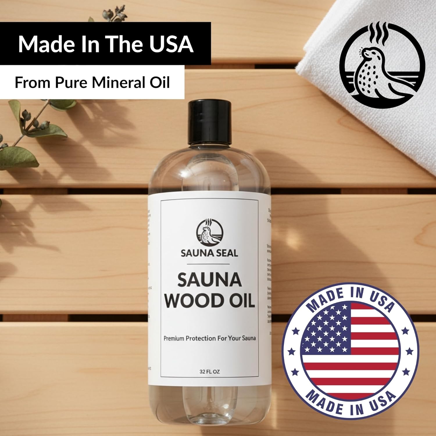Sauna Wood Oil (32 oz) - Protect & Restore Sauna Benches - Non Toxic Paraffin Oil for Traditional & Infrared Saunas - 150+ Sq Ft Coverage - Made in USA