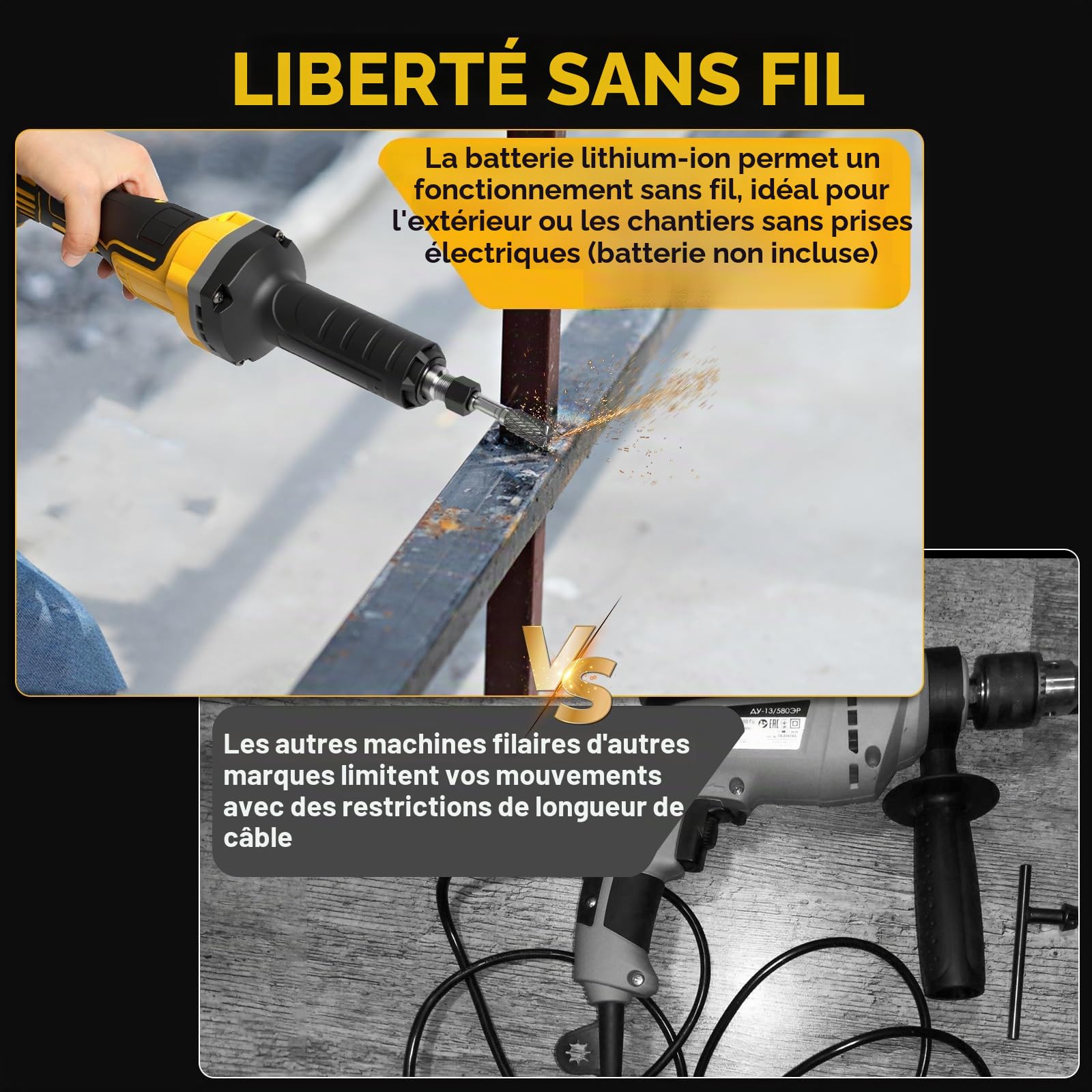 Meuleuse droite à batterie, ponceuse droite professionnelle, 4 vitesses variables pour ponçage, polissage, gravure (sans batterie) (compatible avec DeWalt)