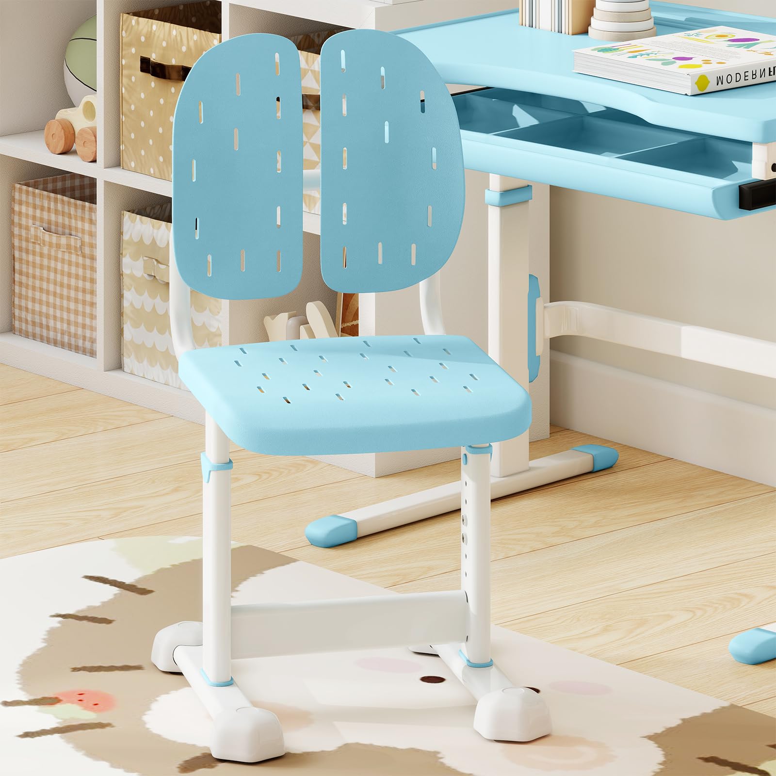 COSTWAY Silla Escritorio Infantil, Silla Juvenil para Escritorio con 5 Altura Ajustables, Doble Respaldo y Asiento Transpirable, Estructura Metálica, Asiento de Ordenador para Niños de 3+ Años (Azul)