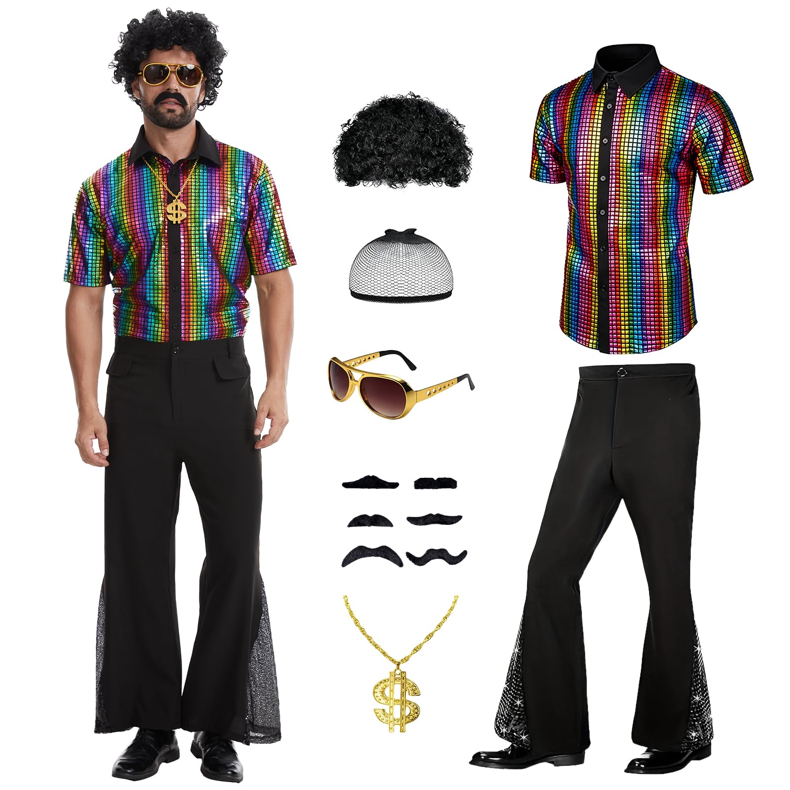 HZVRTN Mens 70s fancy dress, Disco Outfit, 7PCS disco shirt set with accessories wig sunglasses for Retro-themed parties and Halloween. (Multicolored, S)