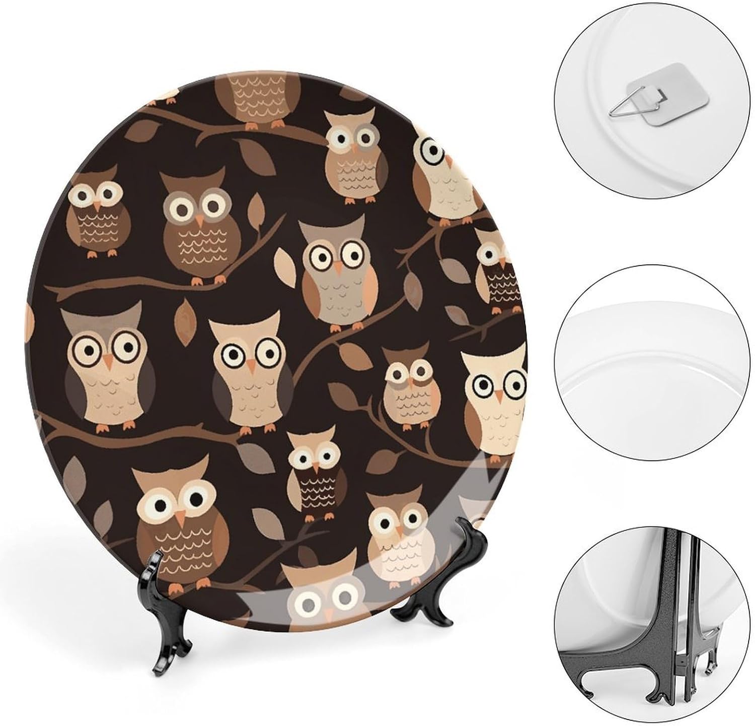 Cute Brown Cartoon Owls Bone China Decorative Plate with Display Stand, Ceramic Ornaments Plate for Wall Hanging, Personalized Porcelain Plates for Office, Living Room 8inch