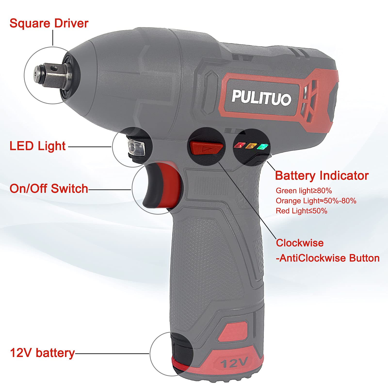 PULITUO 12V Cordless Impact Wrench 