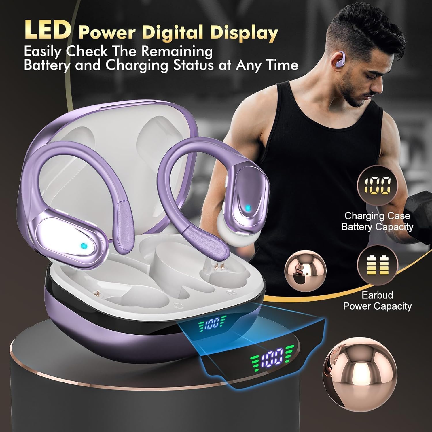 HAOYUYAN Kabellose Ohrhörer, Sport-Bluetooth-Kopfhörer, 80 Stunden Wiedergabezeit, Ohrstöpsel mit LED-Ladeanzeige, geräuschunterdrückendes Headset, IPX7 wasserdichte Kopfhörer für Workout/Laufen