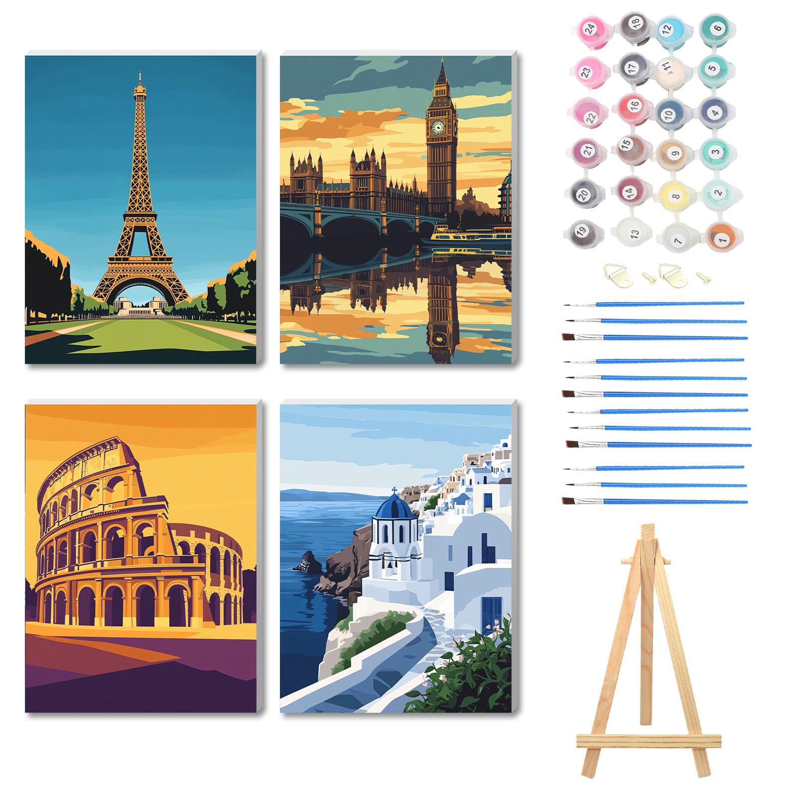 Nanjdian Tourism Wooden Framed 4 Pack Paint By Number For Adults,Diy Painting Kits For Adult,Color By Numbers Acrylic,Paint By Number Canvas Crafts Watercolor For Beginner Home Decor (Tourism)