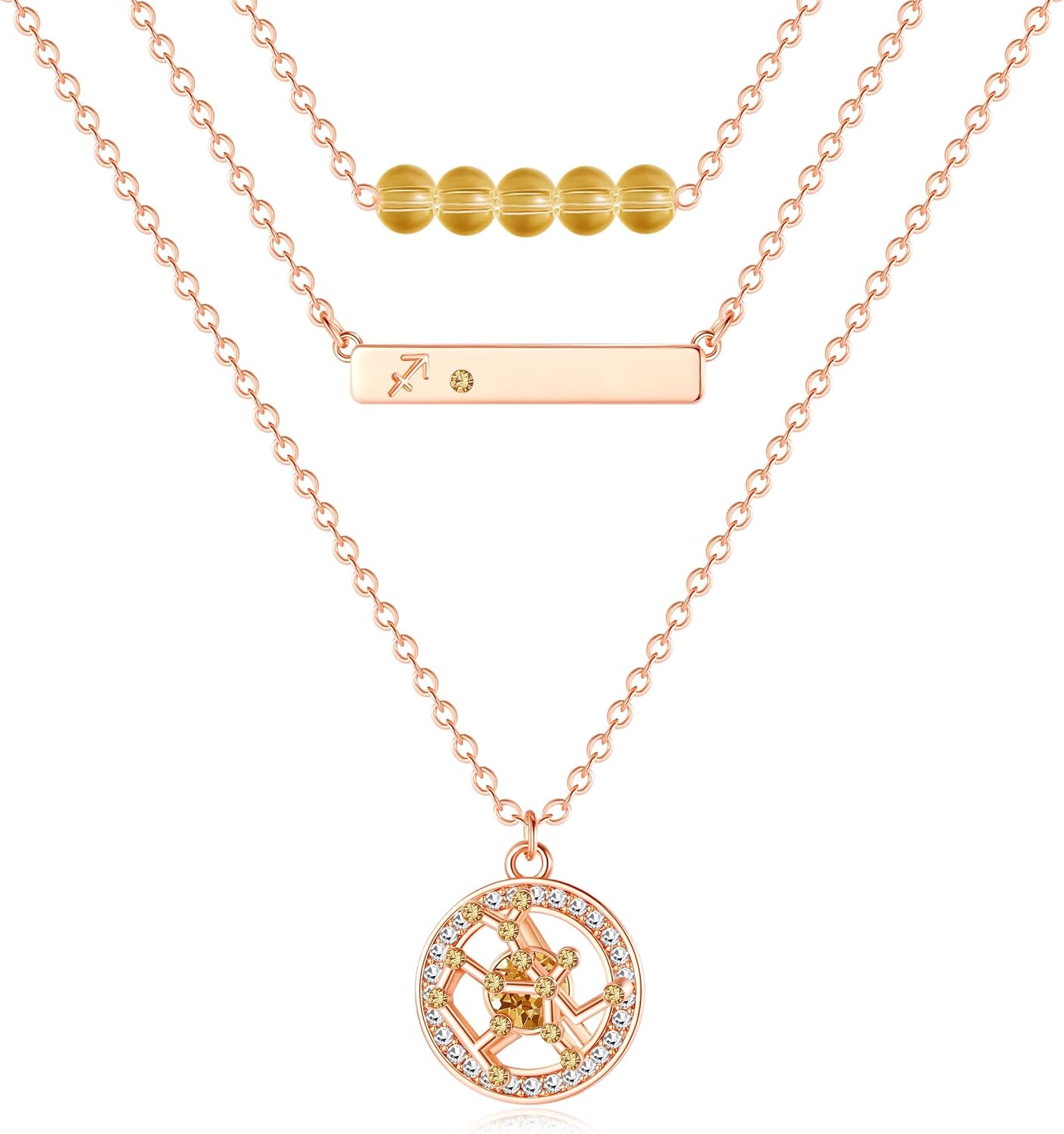 Leafael Dainty Layered Zodiac Necklaces for Women, 18K Rose Gold Plated, Bead Bar Y Pendant Multilayer Necklace, Birthstone Crystals Horoscope, Layering Minimalist Jewelry Birthday Gifts for Wife Mom