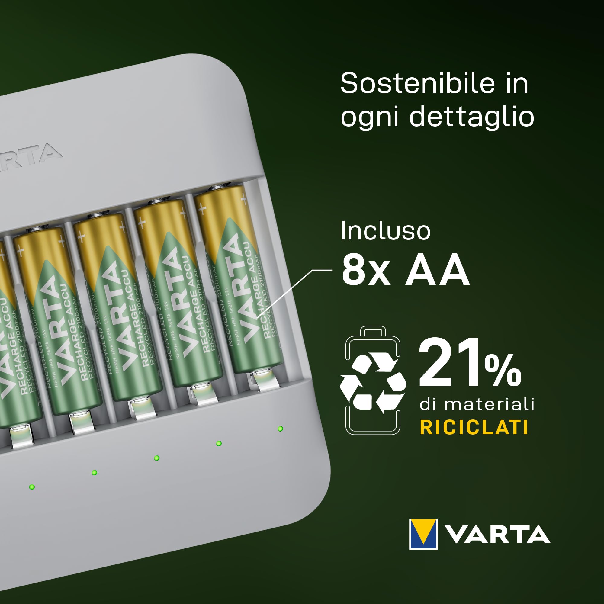 VARTA Caricabatterie per 8 AA/AAA, Eco Charger Multi Recycled | per pile ricaricabili NiMH, 75 % di materiale riciclato, Incl. 8x AAA 2100 mAh