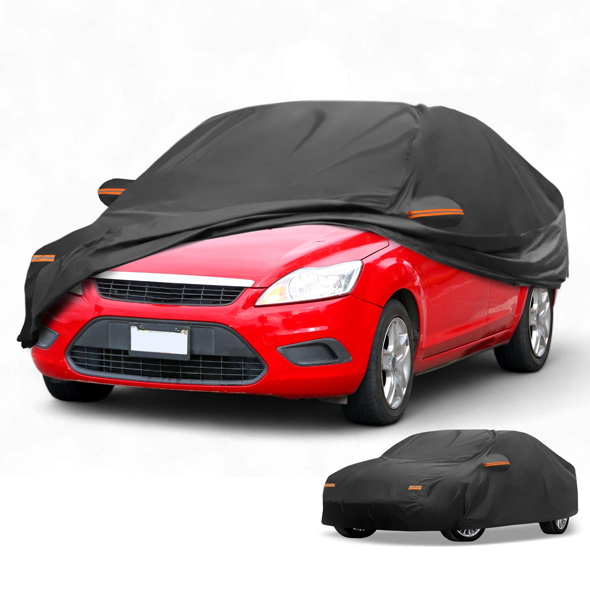 Copertura Auto Impermeabile Per Ford Focus Berlina 1 Pz Alluminio | Nero, Film Alluminio/Cotone Spunlace, 484x145x123cm, Strisce Riflettenti, Protezione Solare&Antipioggia&Tutte Stagioni