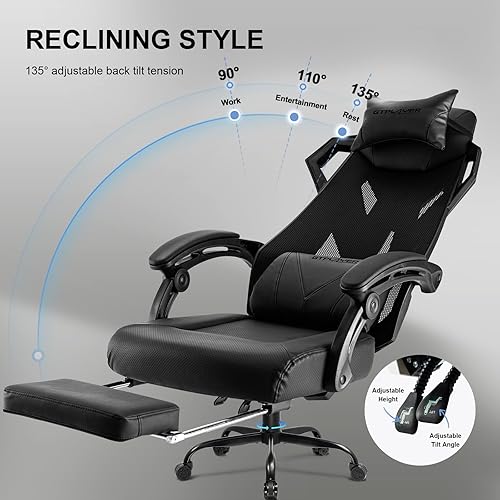 Vista 7 de GTPLAYER Gaming Chair, Computer Chair with Mesh Back, Ergonomic Gaming Chair with Footrest, Reclining Gamer Chair with Adjustable Headrest and