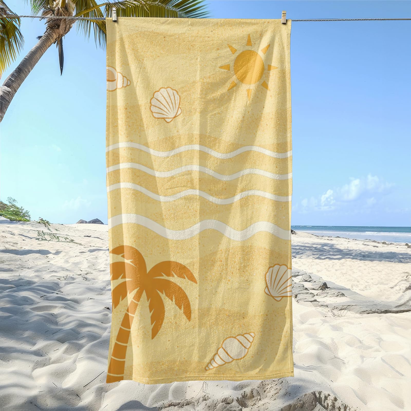 Tapis de Plage XXL Anti Sable Coquille Jaune d'arbre De Coco Serviette Piscine Adulte,Natte De Plage Pliable, Voyage Accessoires De Plage Camping,Serviette de Bain Personnalisée