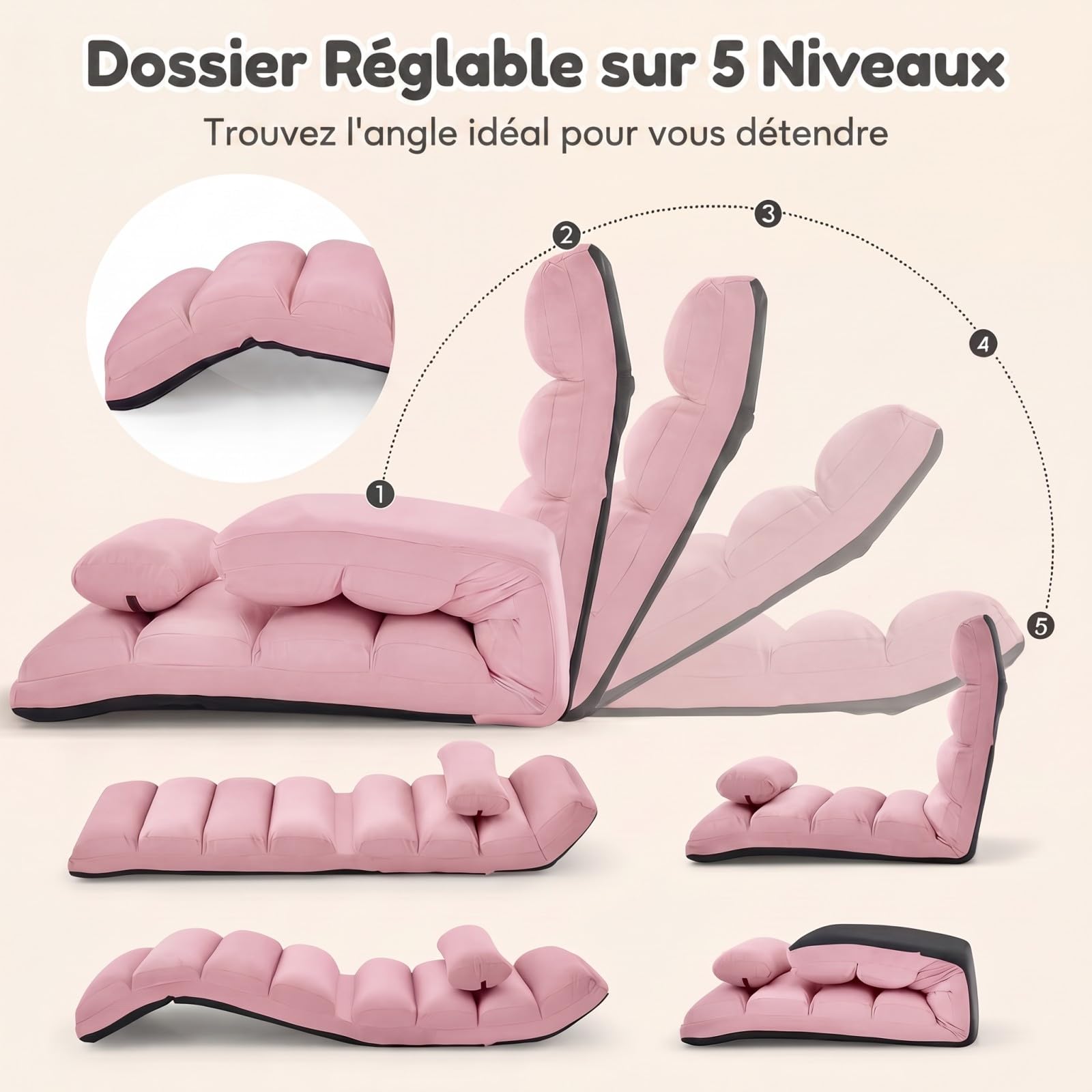 SOARS Fauteuil Salon Relaxant au Sol 5 Positions, Chaise Longue en Daim & Éponge avec Oreiller Rembourré & Repose-Pieds Réglable, Charge 120KG, Méridienne Convertible Bureau Terrasse Chambre (Rose)