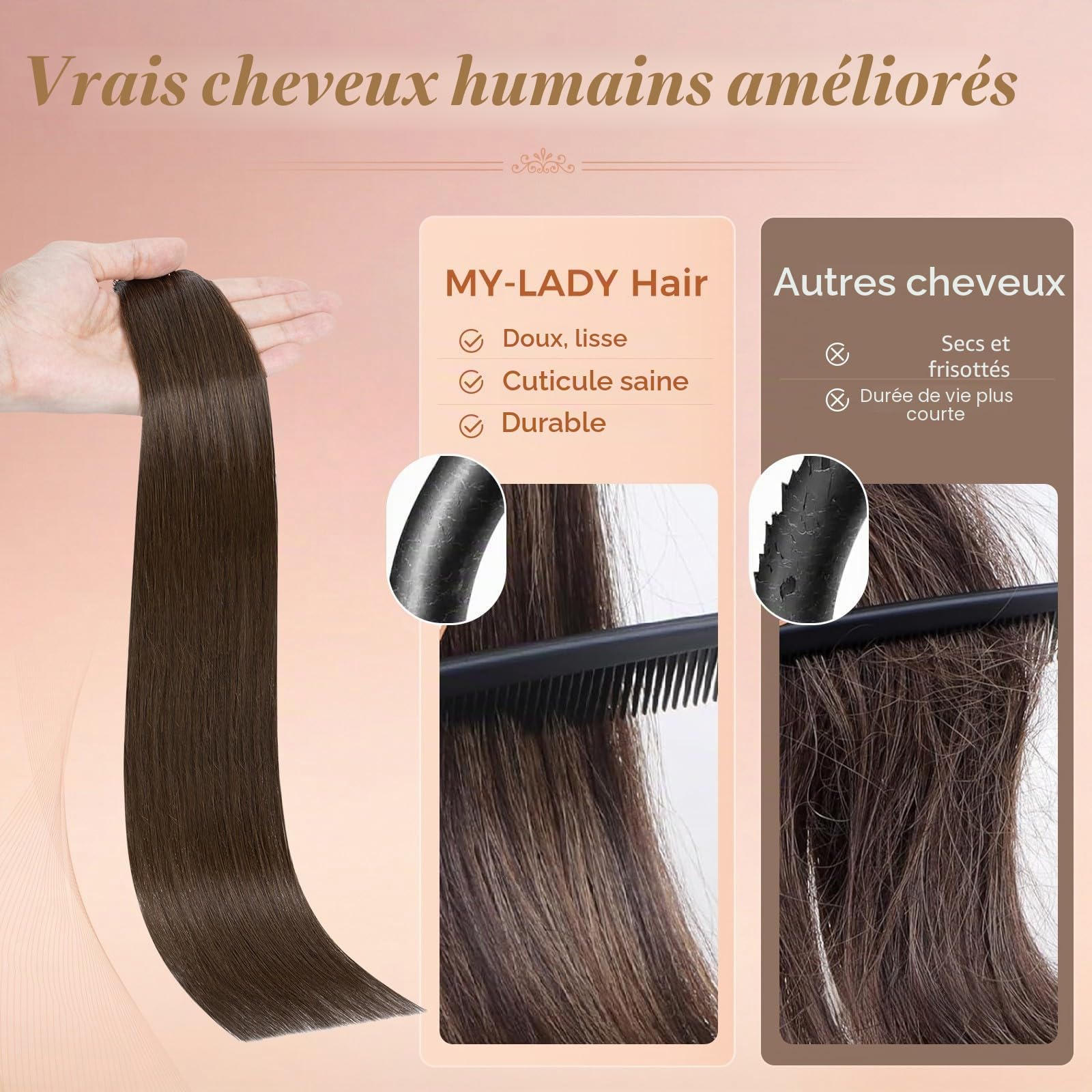 MY-LADY 10pcs Extension Adhesive Cheveux Naturel 20 Pouces 5pcs Injection & 5pcs Classique Tape in Hair Extensions Invisible Rajout Cheveux Adhesif 25g #02 Marron Foncé