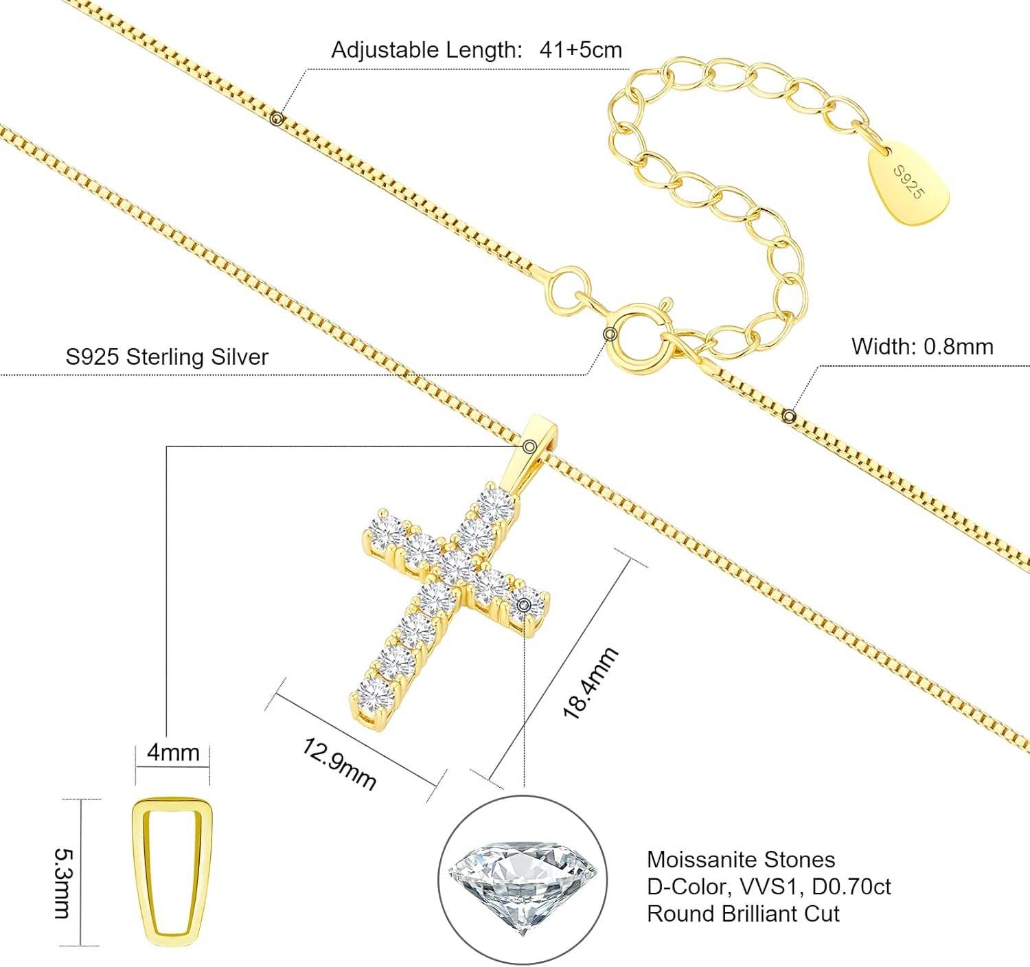 KRKC&CO Moissanite Cross Pendant For Women, S925 Sterling Silver, D Color, 0.66Carat, with 0.8mm 16+2" Rope Chain, Brilliant Excellent Cut Iced Out, 14K Gold, For Her - Image 3