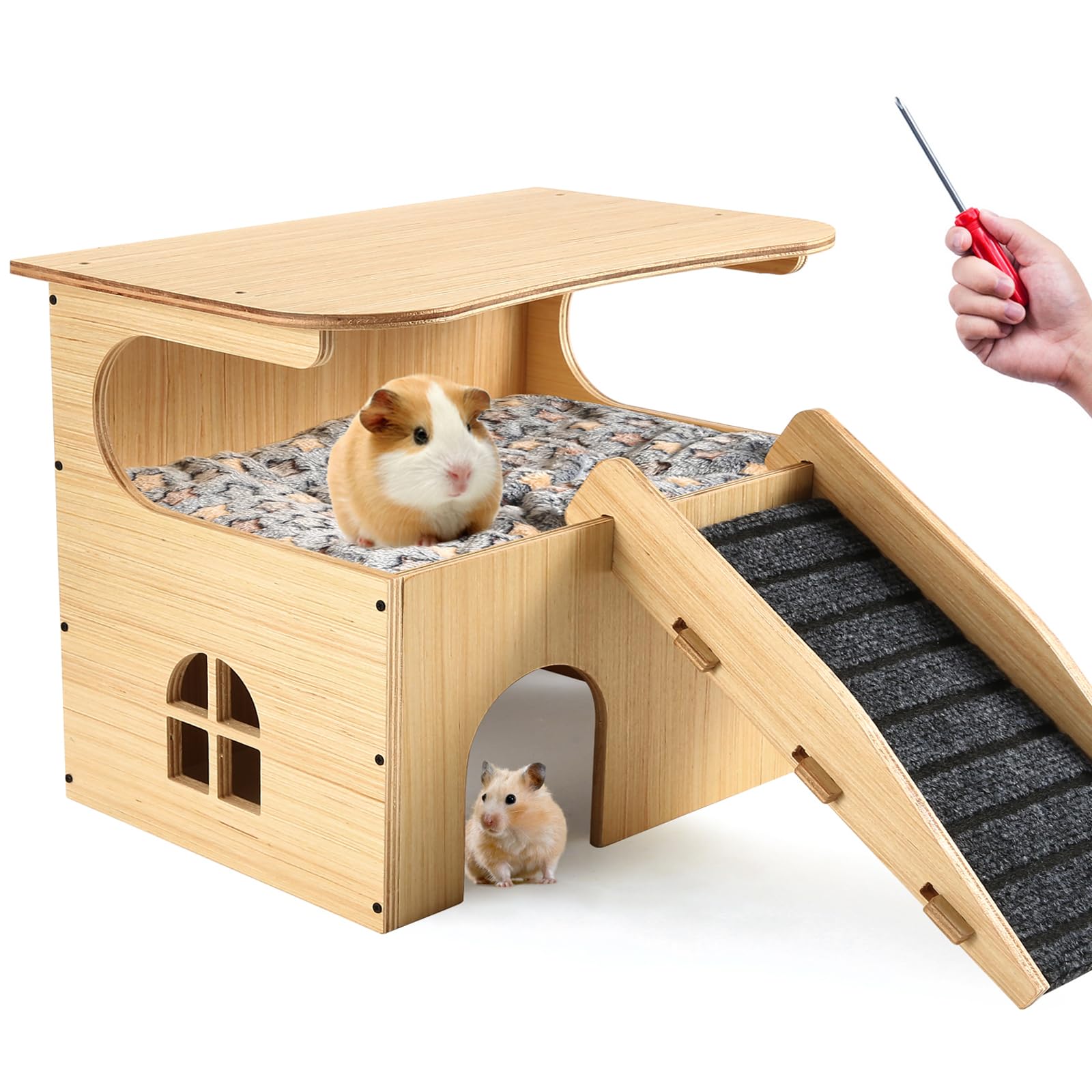 Château de cochon d'Inde, cachette château pour cochon d'Inde, maison en bois pour hamster avec escaliers et tapis, petit lit durable pour cochillons, chinchilla, rat, hamster, lapin
